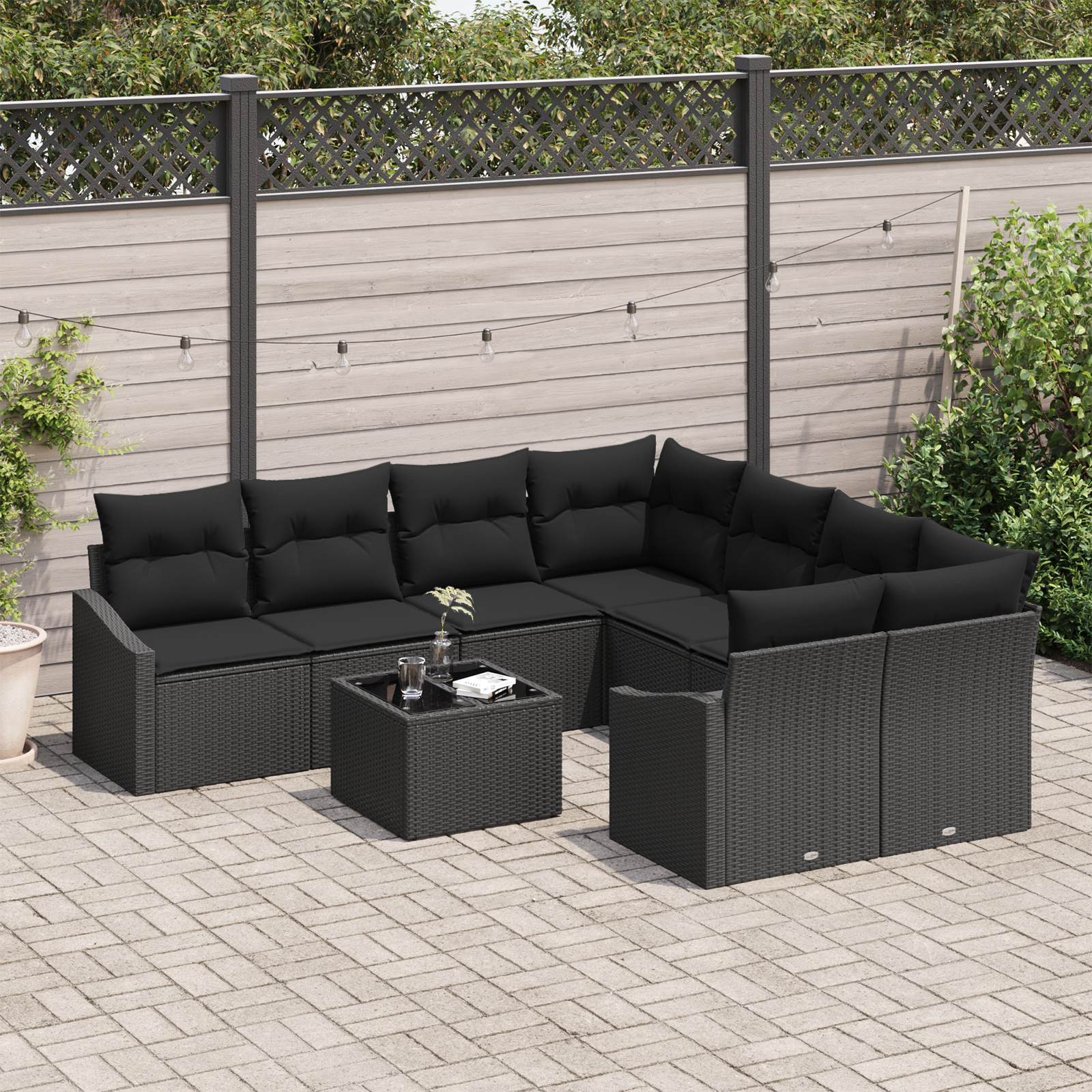 vidaXL 9-delige Tuinset met kussens poly rattan zwart