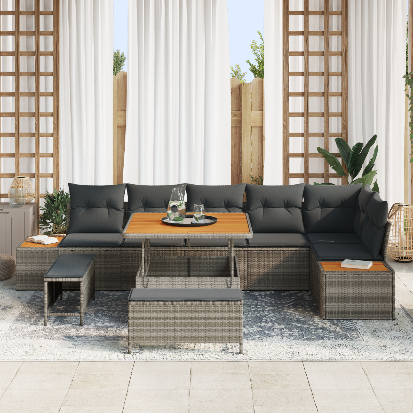 vidaXL 9-delige Tuinbankenset met kussens poly rattan acacia grijs