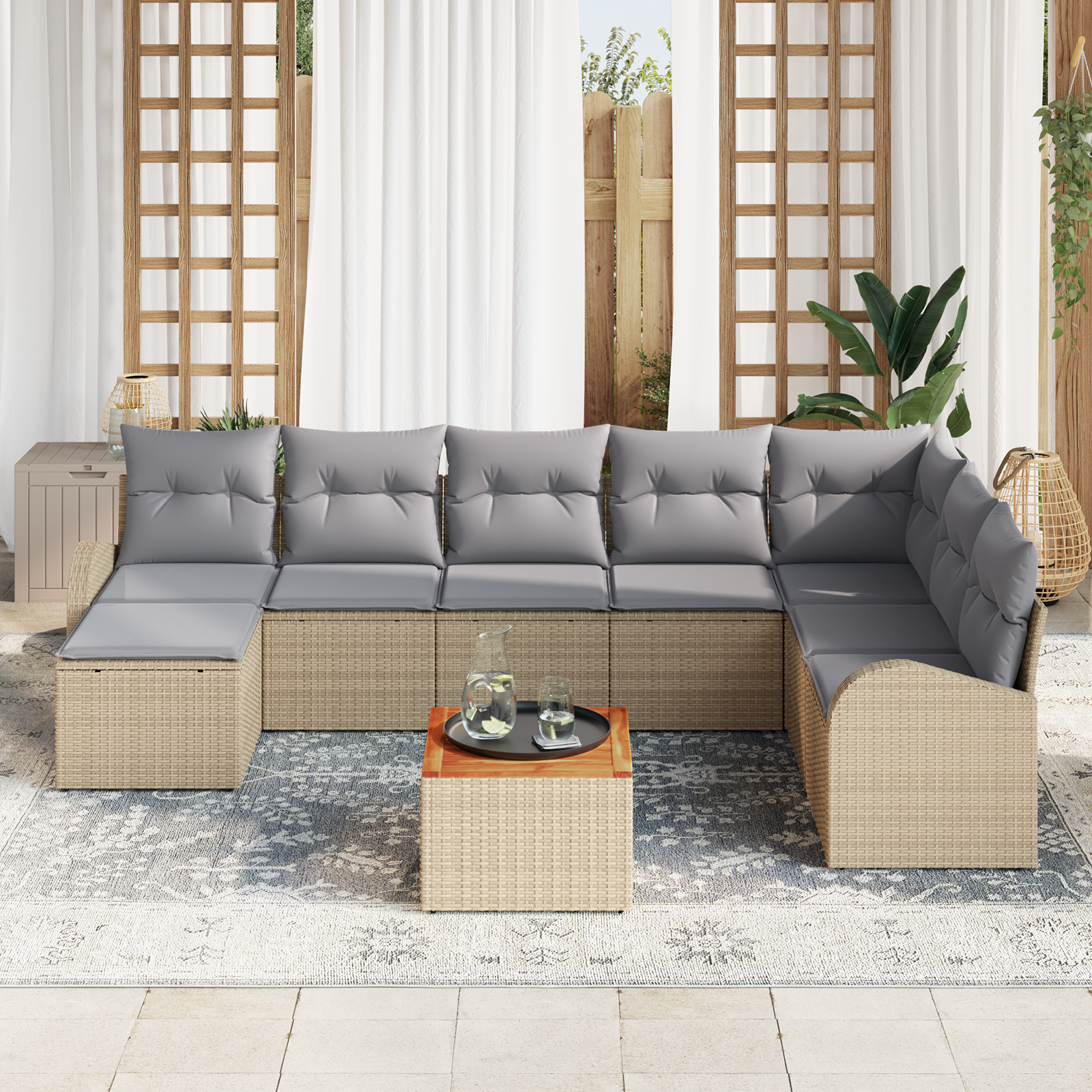 vidaXL 9-delige Tuinbankenset met kussens poly rattan acacia beige