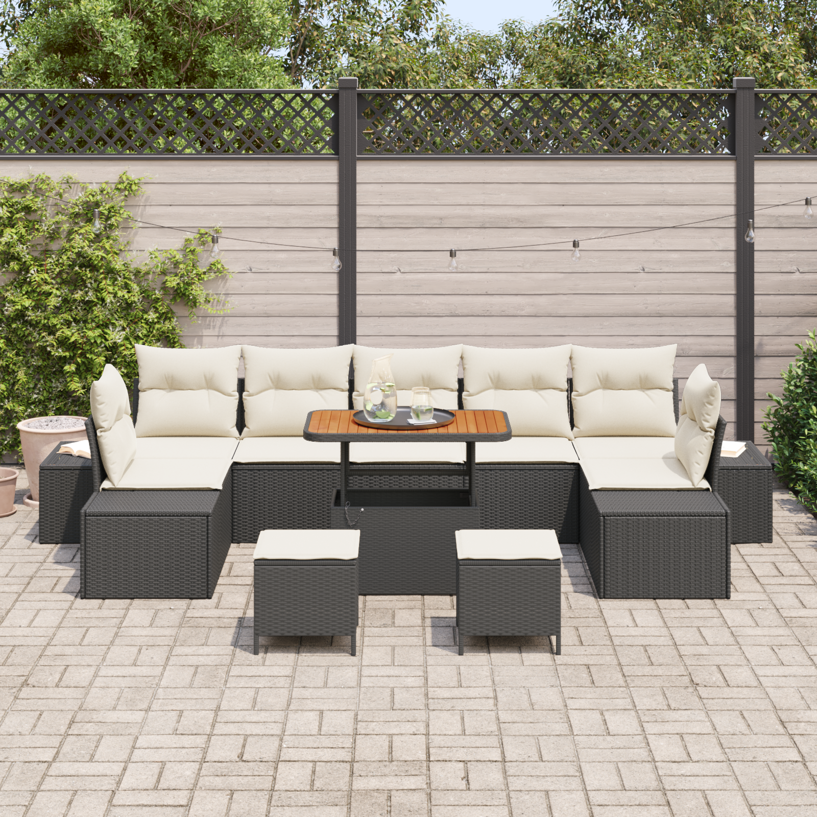 vidaXL 10-delige Tuinbankenset met kussens poly rattan acacia zwart