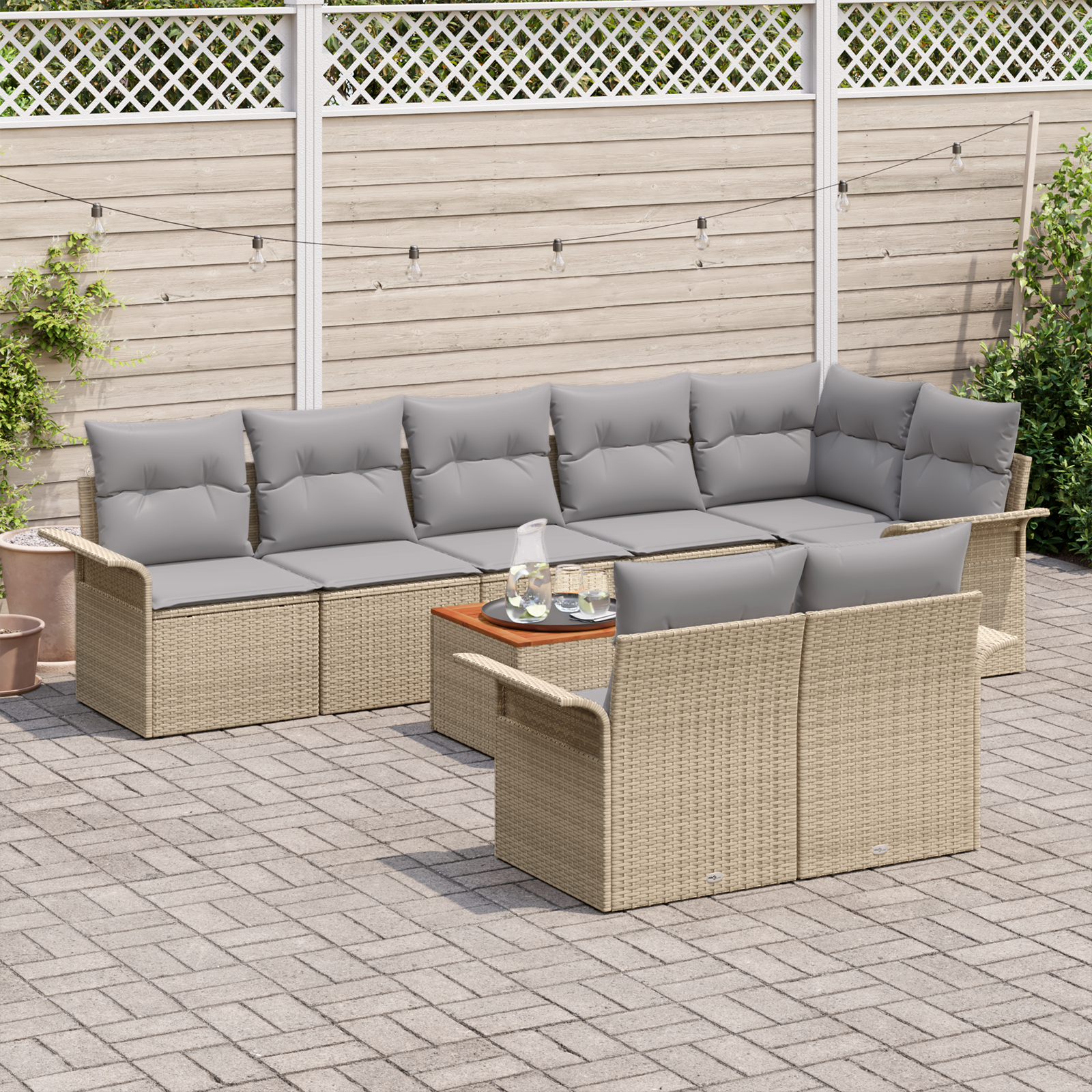 vidaXL 9-delige Tuinbankenset met kussens poly rattan acaciahout beige