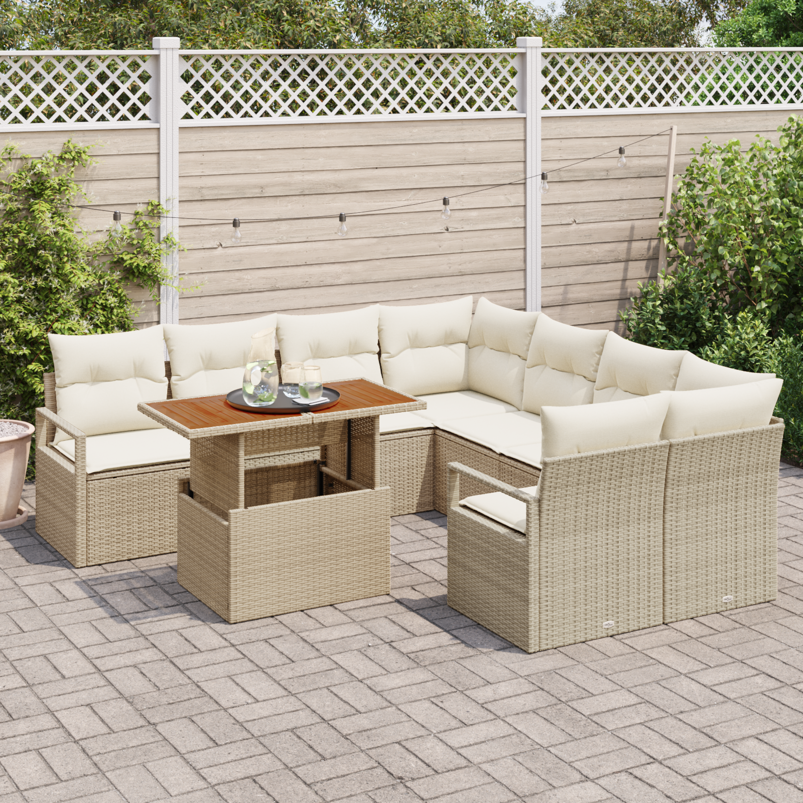 vidaXL 9-delige tuinset met kussens in beige poly riet en acacia