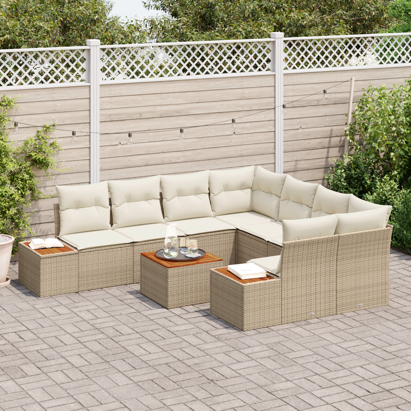vidaXL 9-delige tuinbankset met kussens in beige poly rattan en acacia