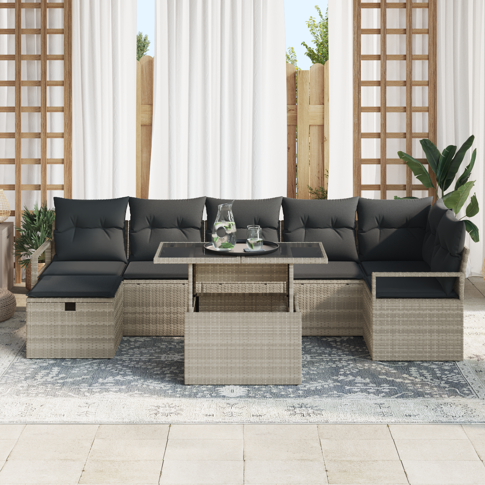 vidaXL 8-delige Tuinbankenset met kussens poly rattan lichtgrijs