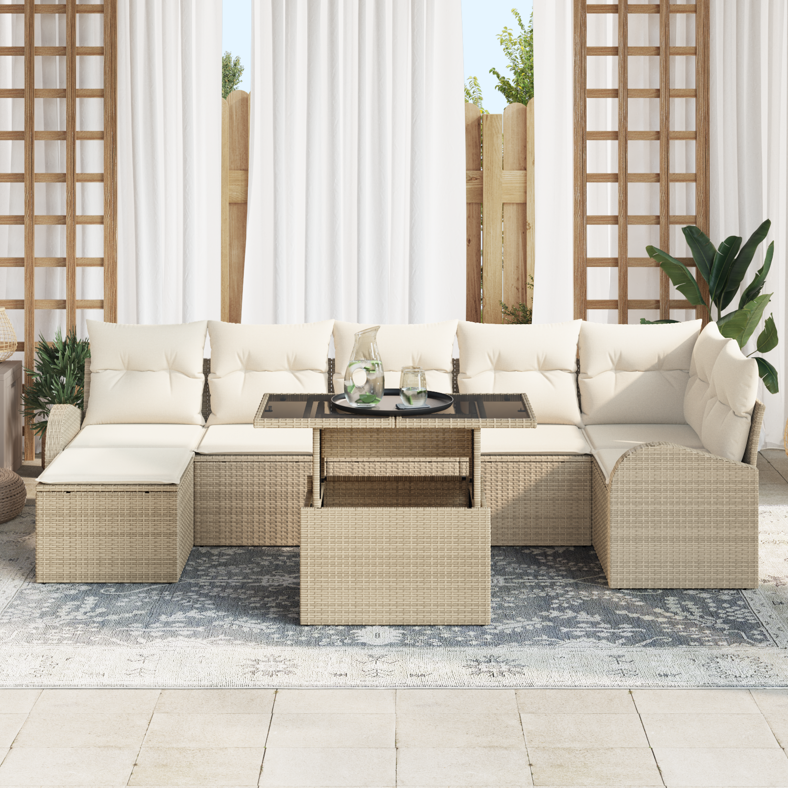 vidaXL 8-delige tuinset met kussens in beige poly rattan