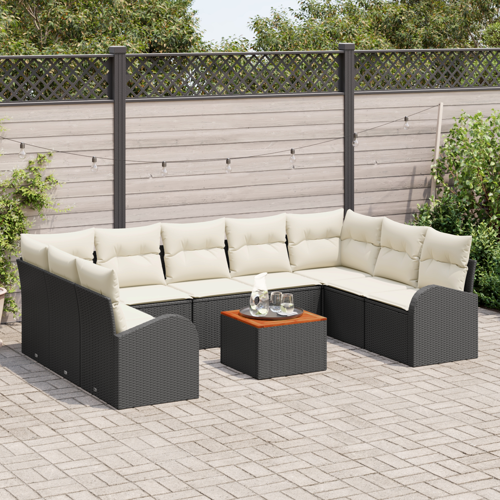 vidaXL 10-delige Tuinbankenset met kussens poly rattan acacia zwart