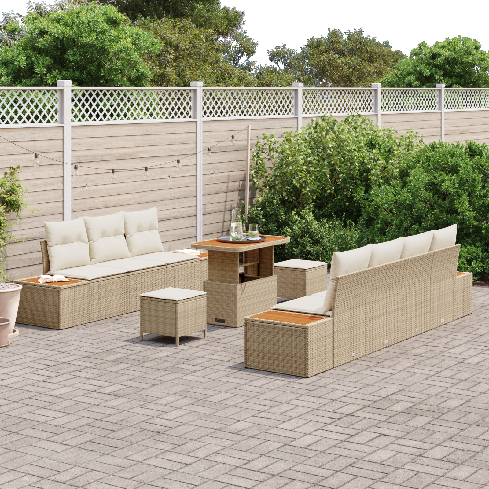 vidaXL 10-delige tuinbankset met kussens in beige van poly rattan en acaci hout