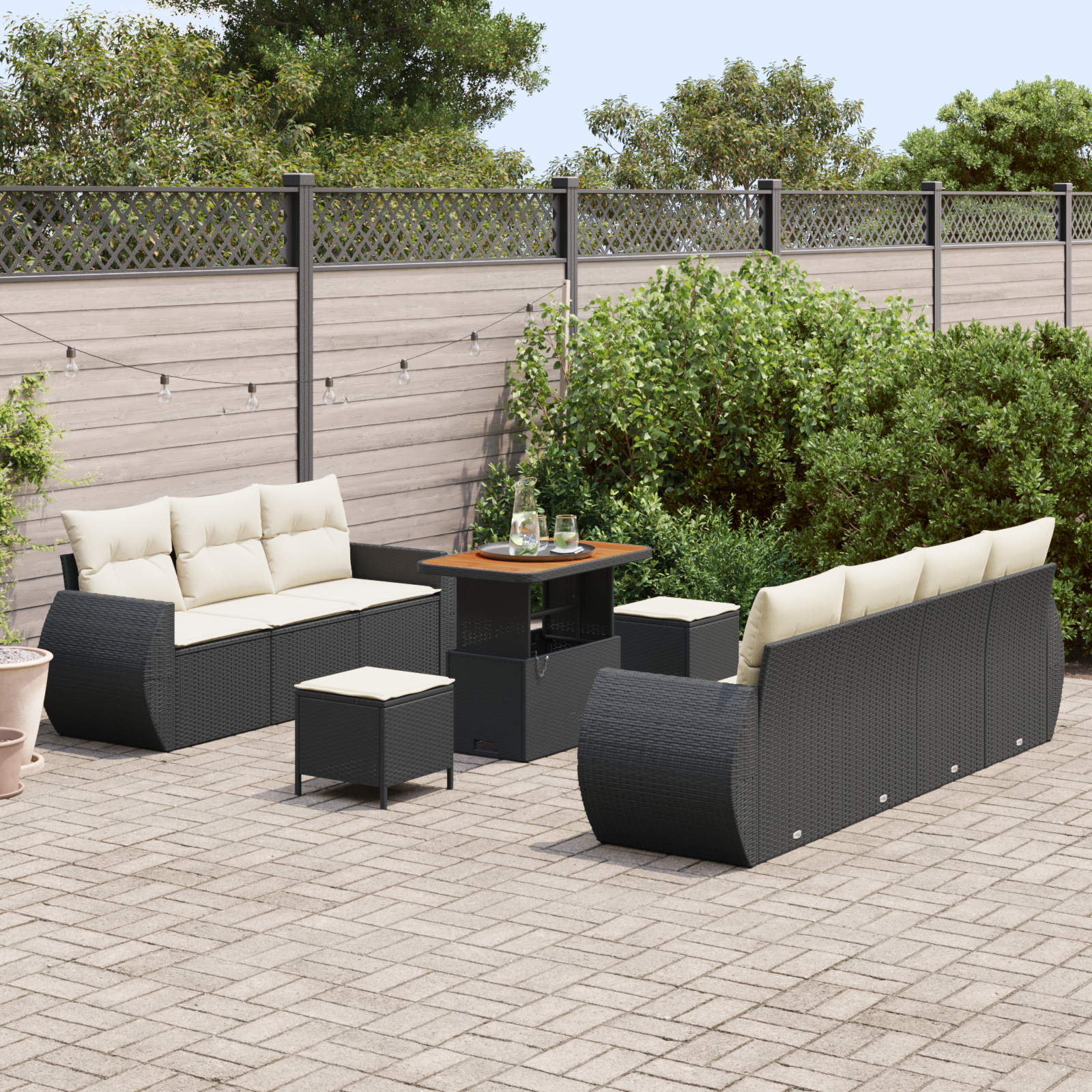 vidaXL 10-delige Tuinbankenset met kussens poly rattan acacia zwart
