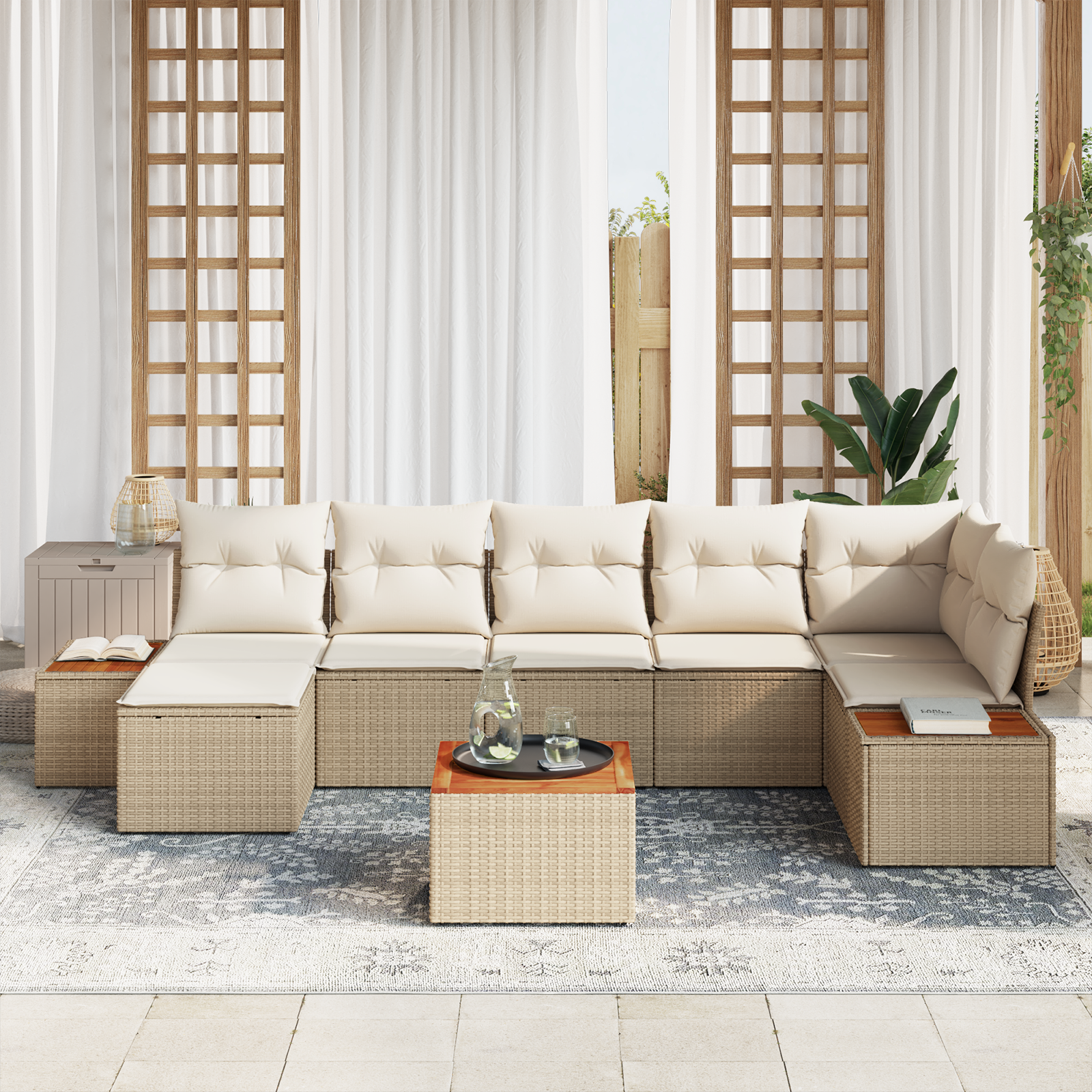 vidaXL 8-delige Tuinbankenset met kussens poly rattan acacia beige