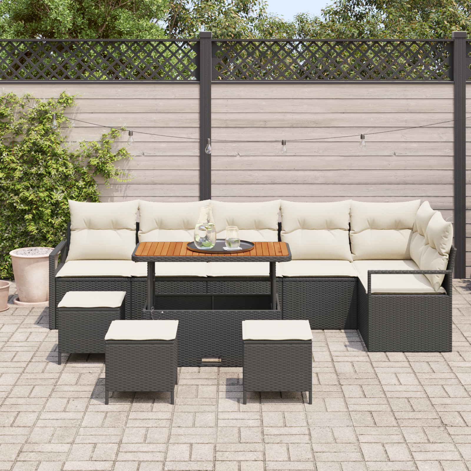 vidaXL 10-delige tuinset met kussens in zwart poly riet en acacia