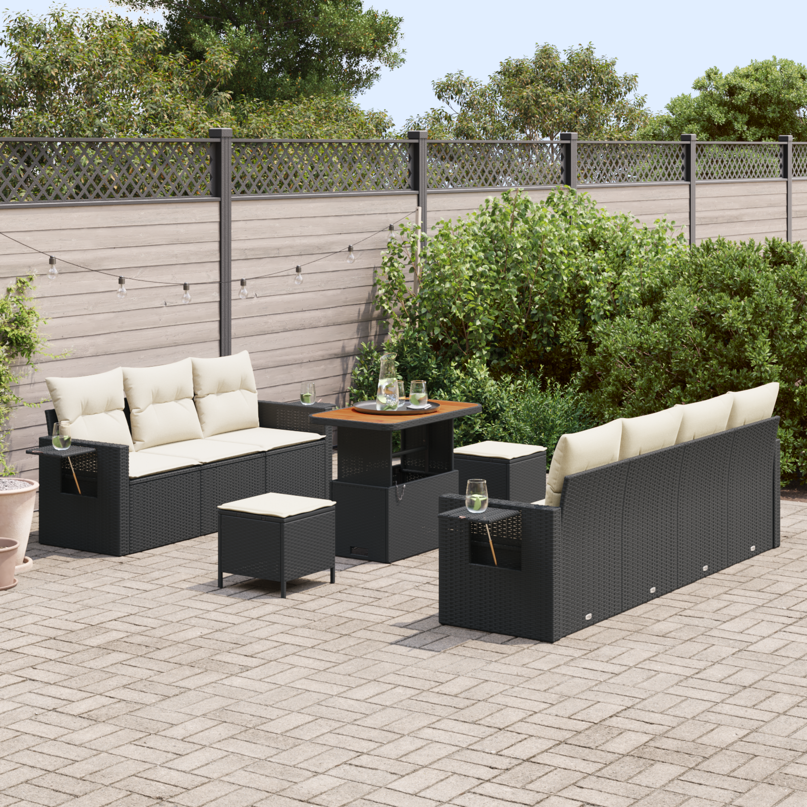 vidaXL 10-delige Tuinbankenset met kussens poly rattan acacia zwart