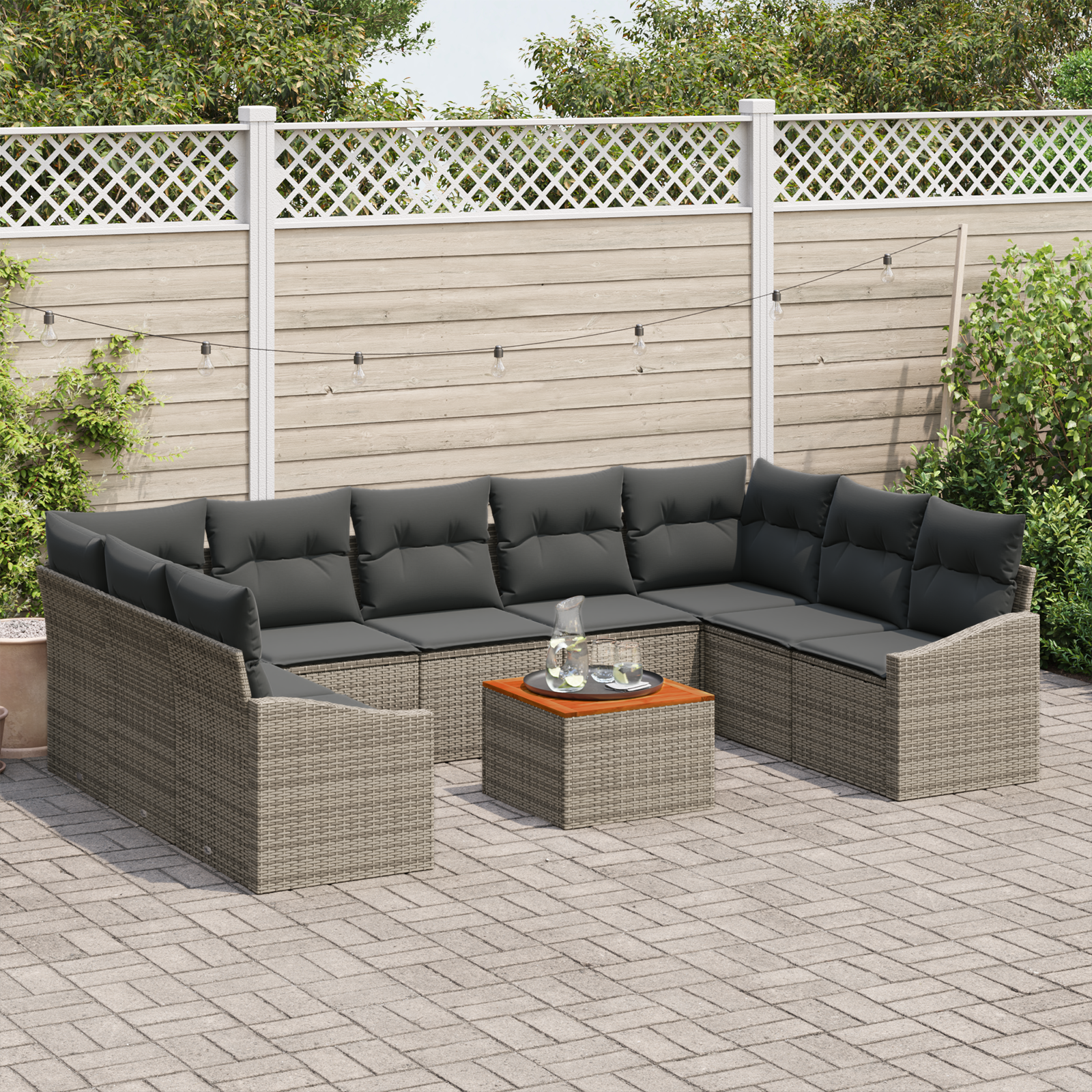 vidaXL 10-delige tuinsofa set met kussens in het grijs van poly rattan met acacia