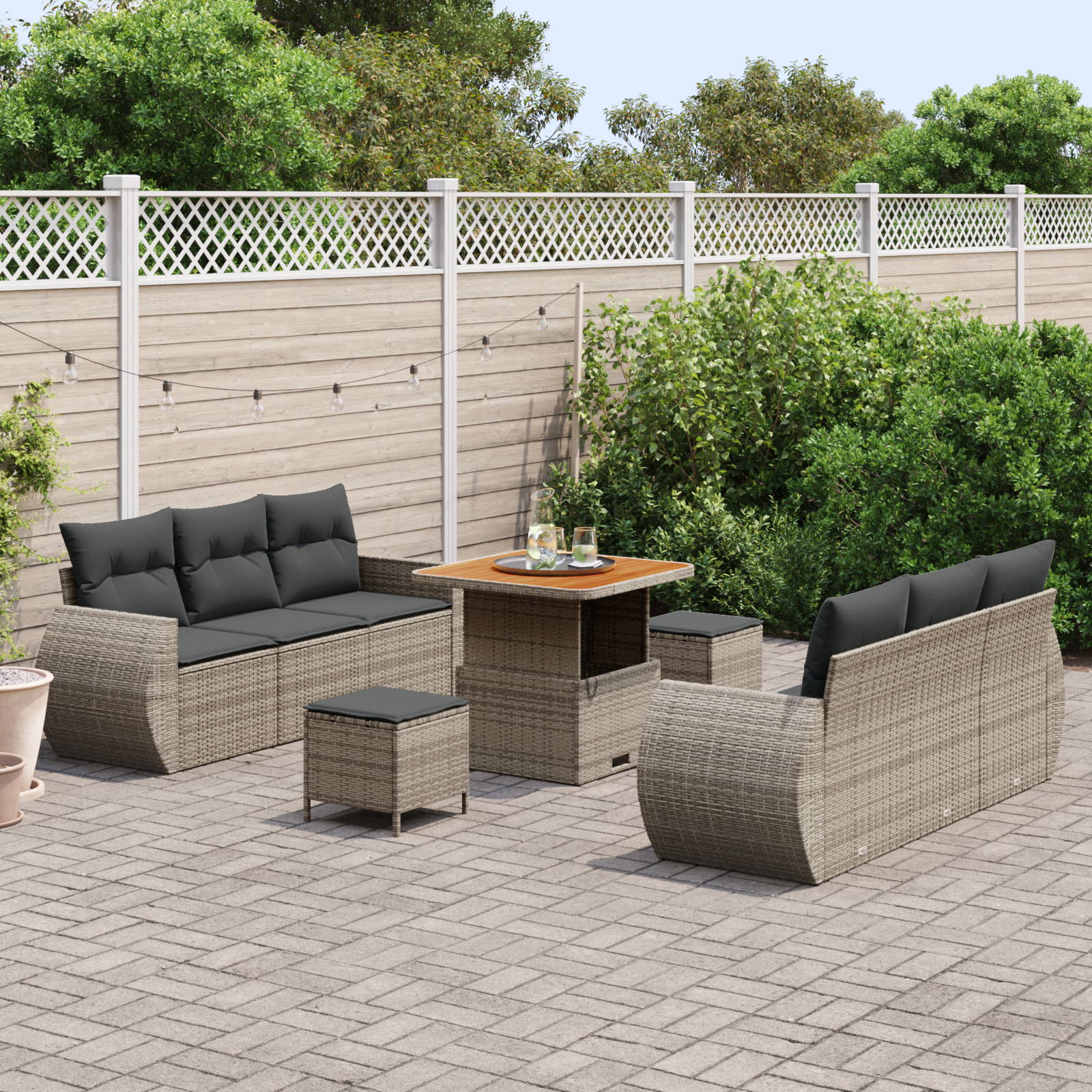 vidaXL 9-delige tuinset met kussens grijs poly riet acacia