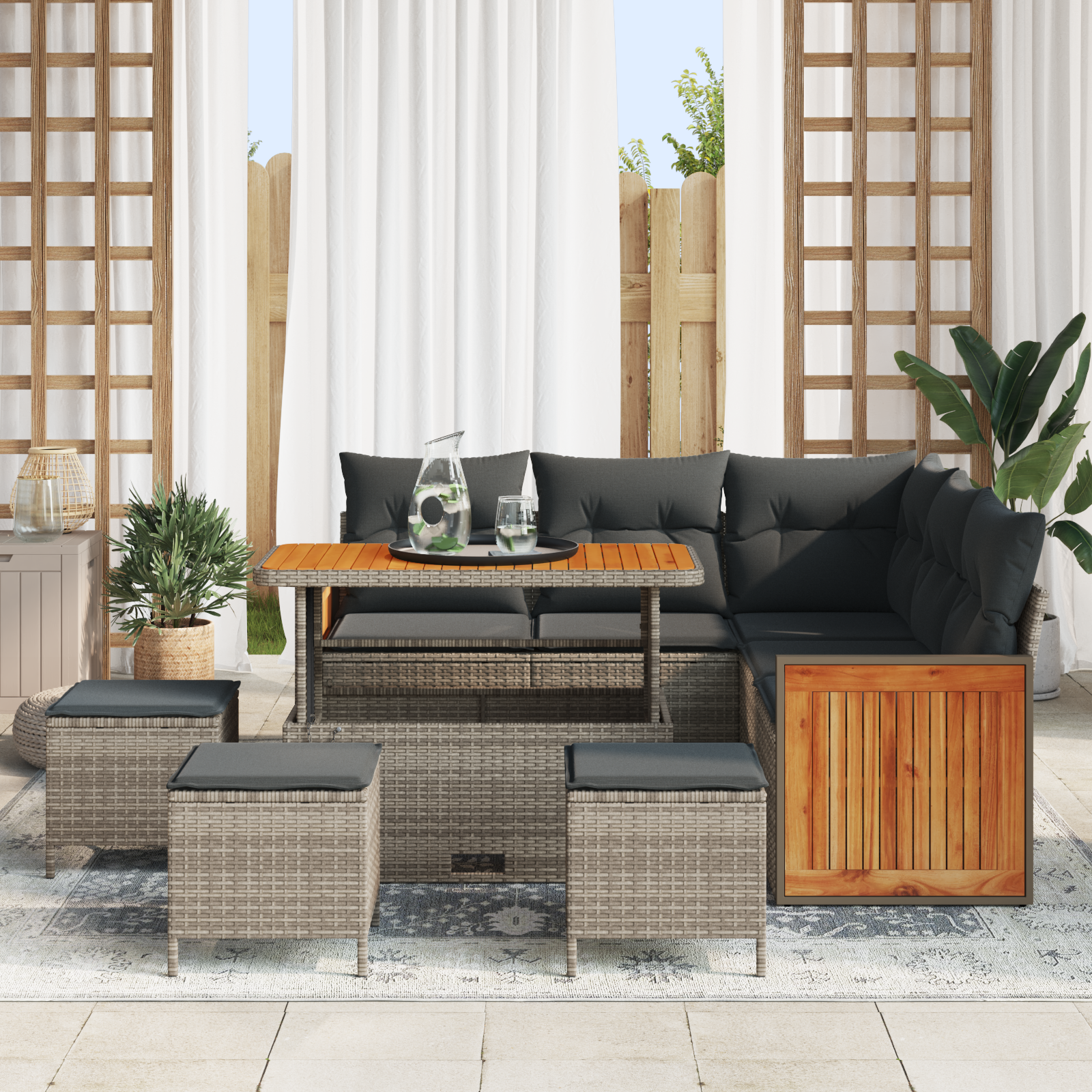 vidaXL 9-delige Tuinbankenset met kussens poly rattan acacia grijs