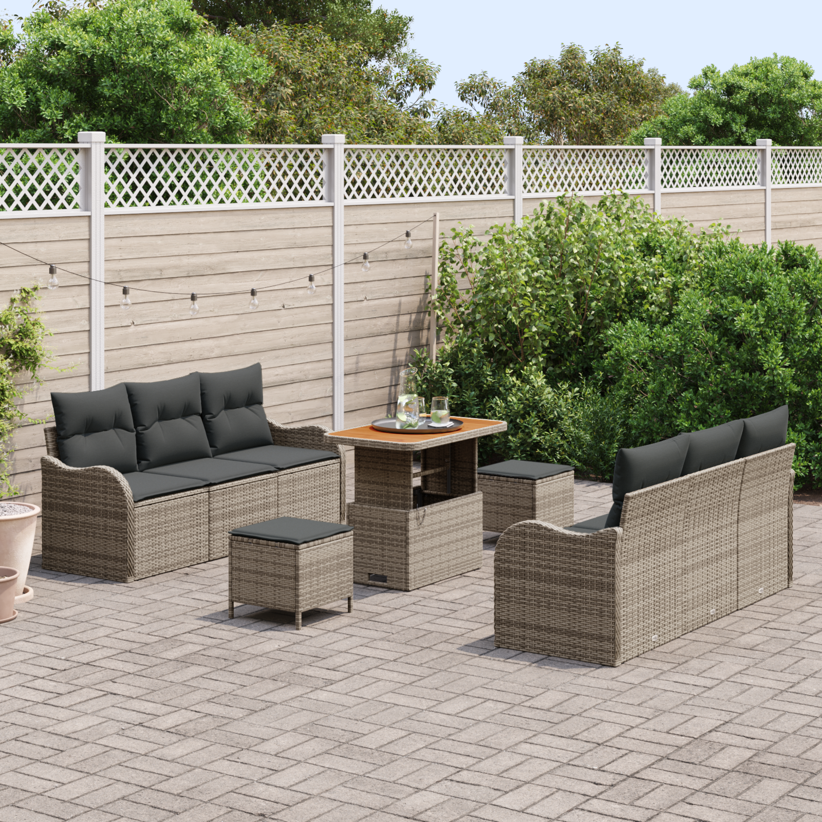 vidaXL 9-delige Tuinbankenset met kussens poly rattan acacia grijs