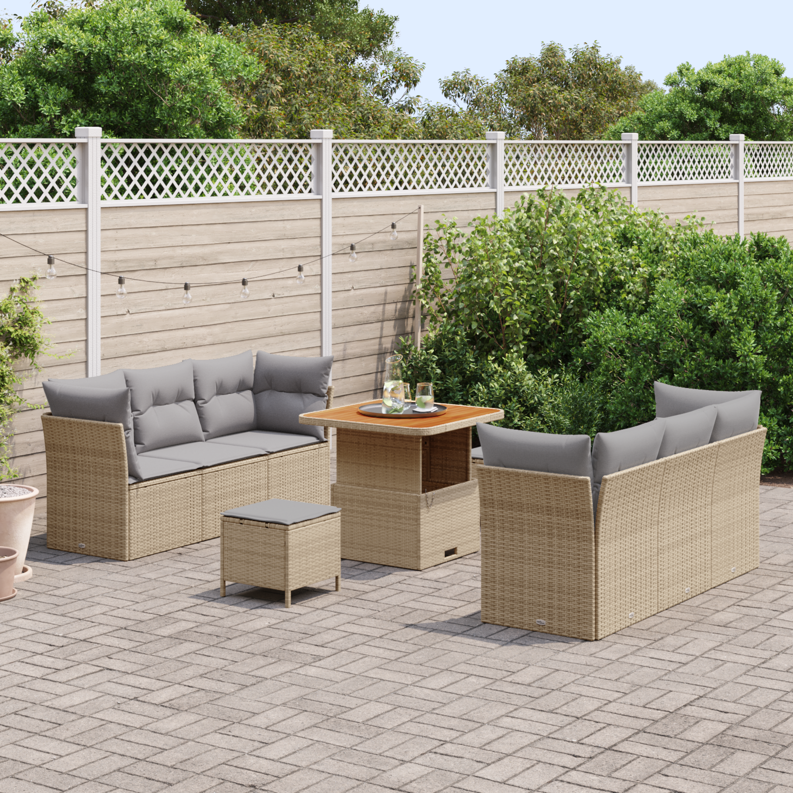 vidaXL 9-Persoons Tuin Sofa Set met Kussens Beige Poly Rattan Acacia
