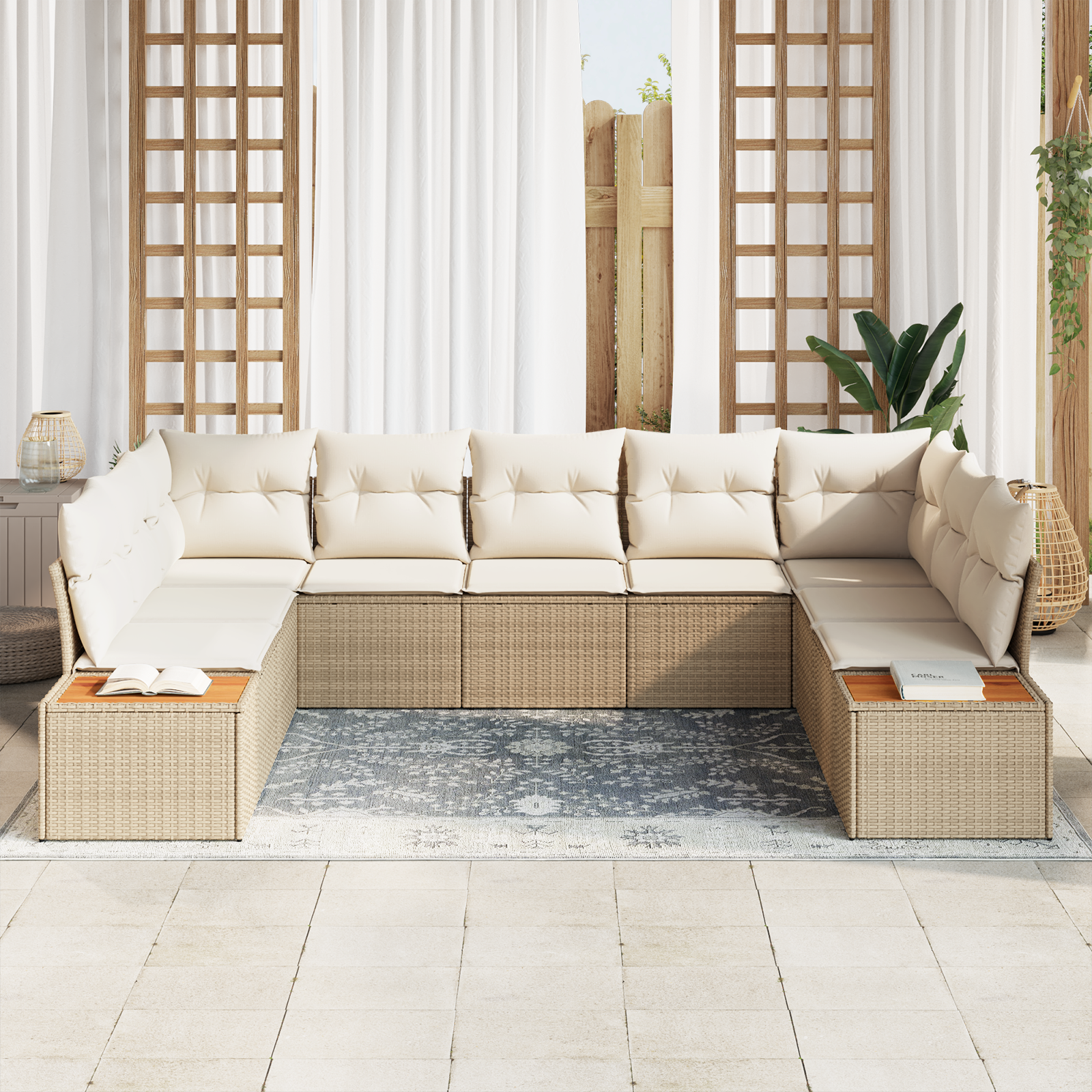 vidaXL 9-delige tuinsofa set met kussens in lichtbeige poly rattan en acacia