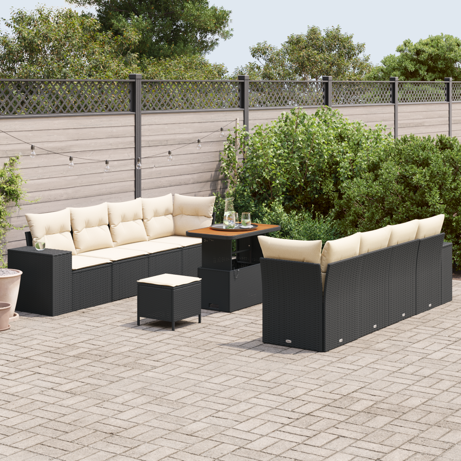 vidaXL 11-delige tuinbankset met kussens in zwart poly riet en acacia