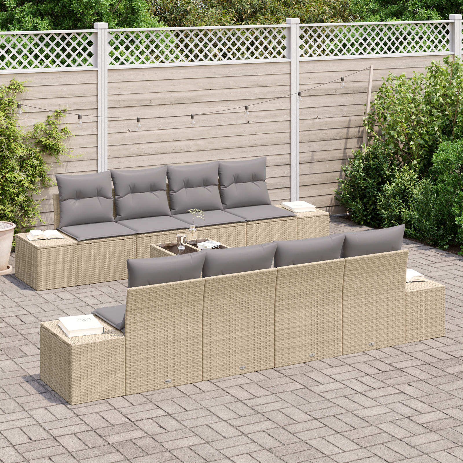 vidaXL 9-delige Tuinbankenset met kussens poly rattan beige
