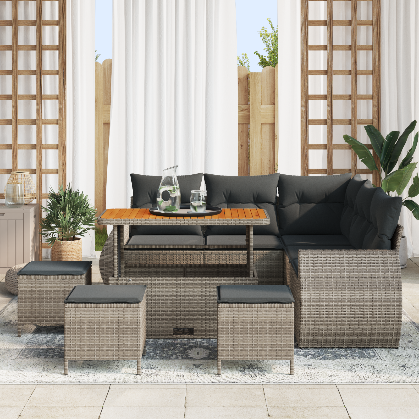 vidaXL 9-delige Tuinbankenset met kussens poly rattan acacia grijs