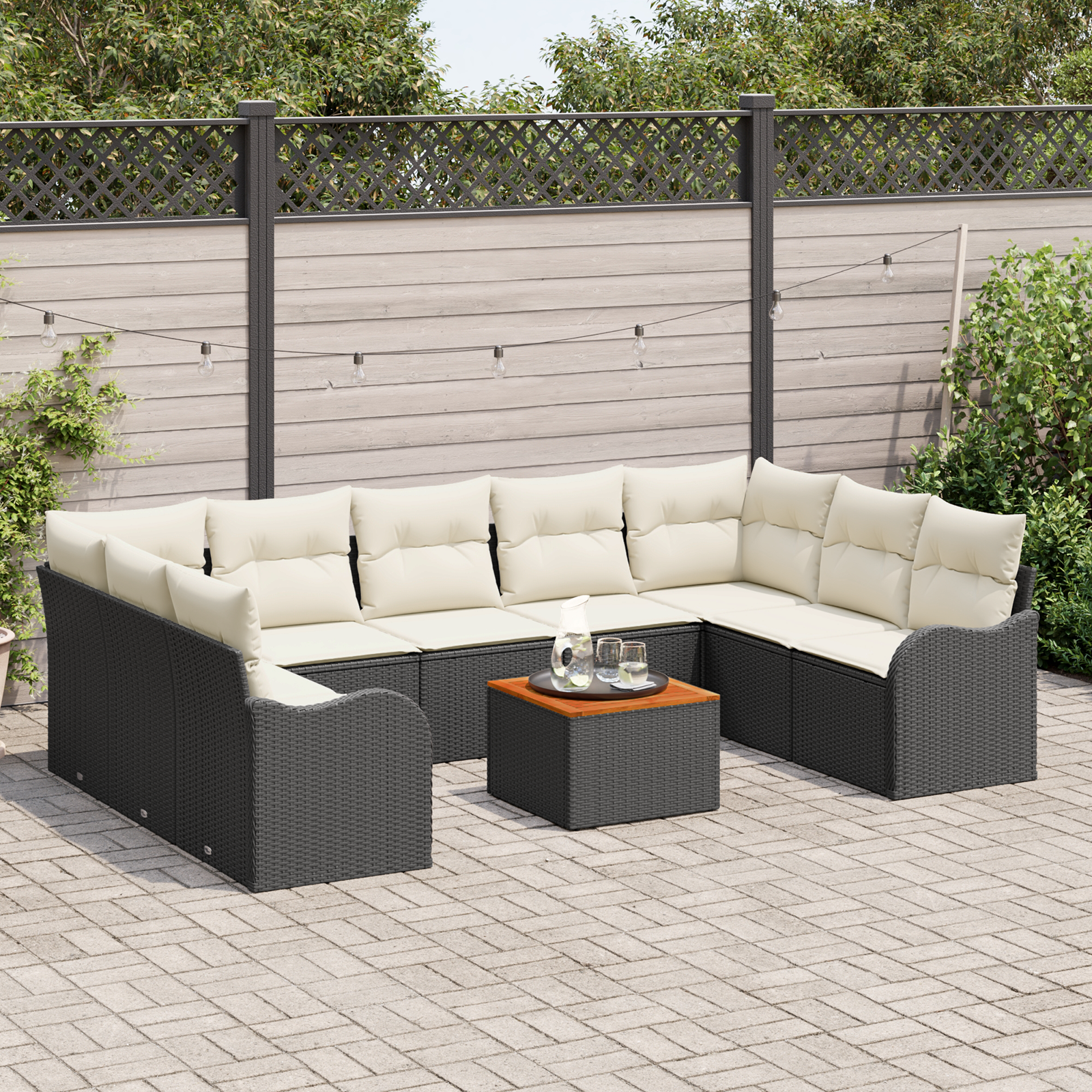 vidaXL 10-delige Tuinbankenset met kussens poly rattan acacia zwart