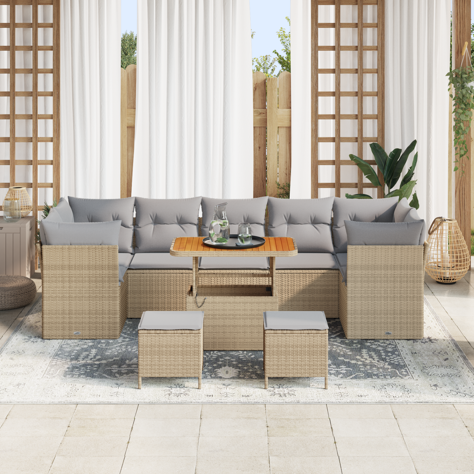 vidaXL 10-delige tuinzitgroep met kussens in beige poly rattan en acacia