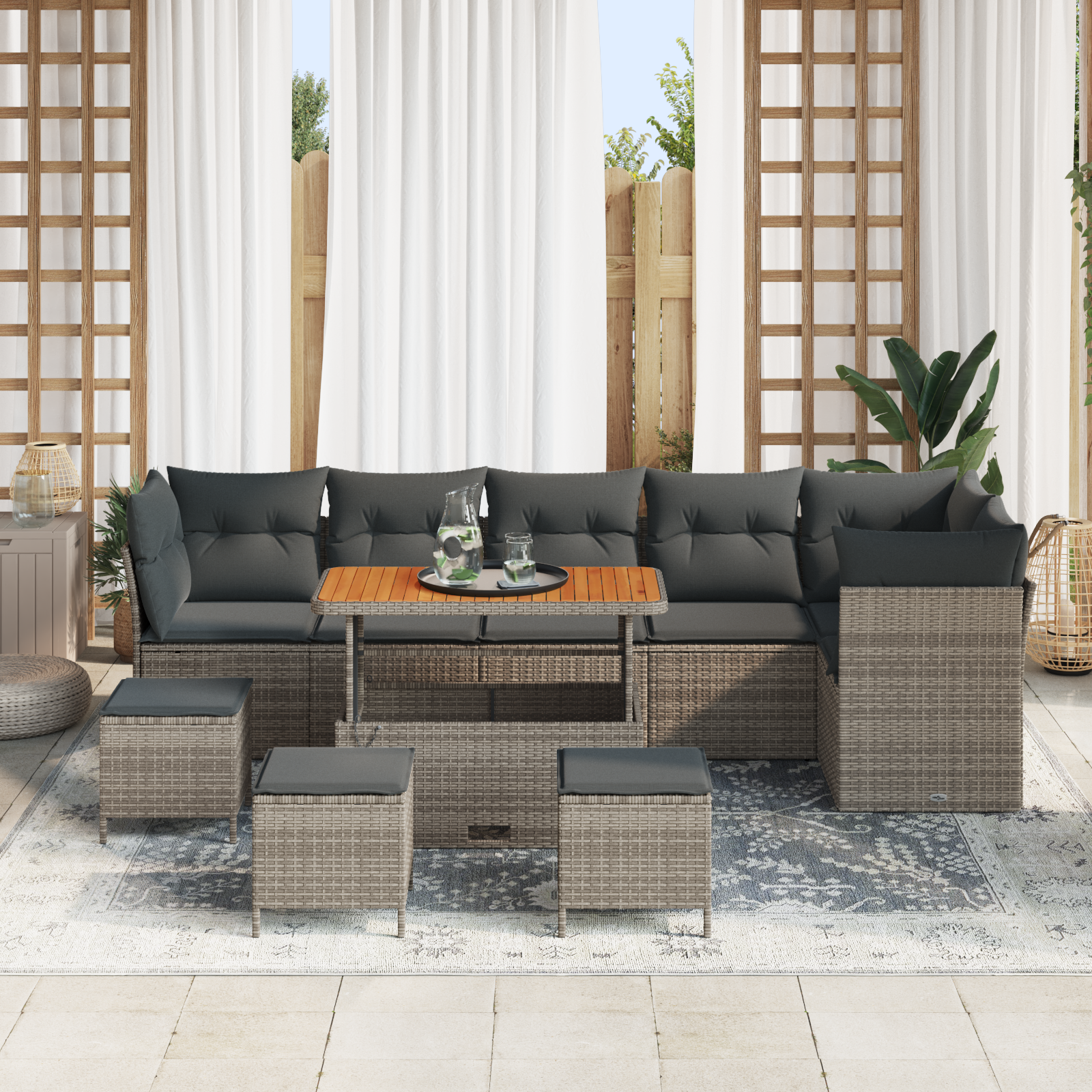 vidaXL 10-delige Tuinbankenset met kussens poly rattan acacia grijs