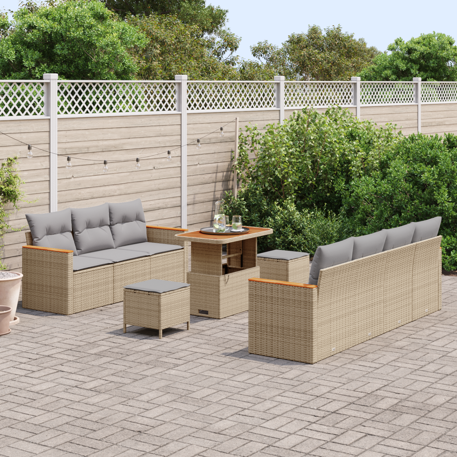 vidaXL 10-delige Tuinbankenset met kussens poly rattan acacia beige