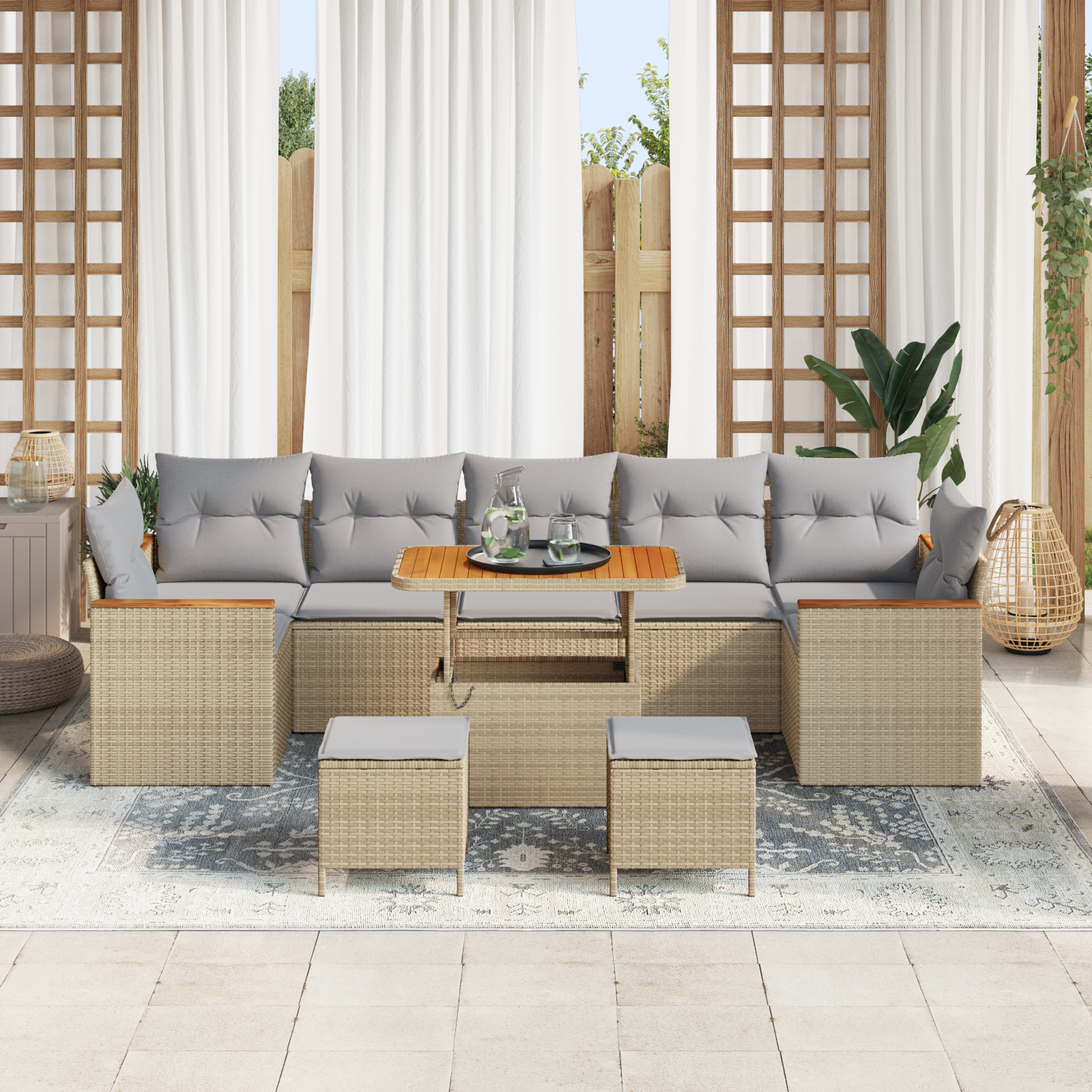 vidaXL 10-delige Tuinbankenset met kussens poly rattan acacia beige