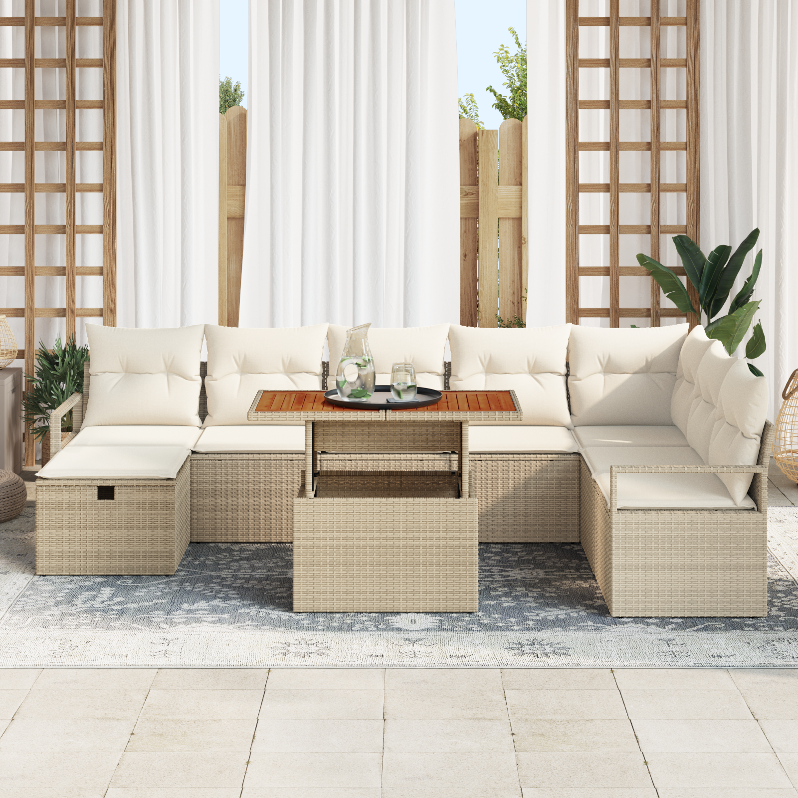vidaXL 9-delige tuinset met kussens in beige poly rattan
