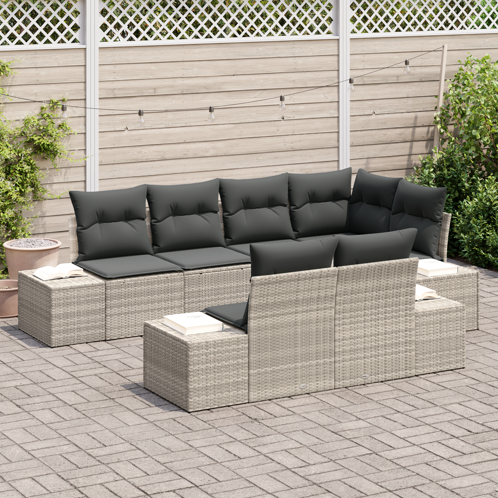 vidaXL 7-delige Tuinbankenset met kussens poly rattan lichtgrijs