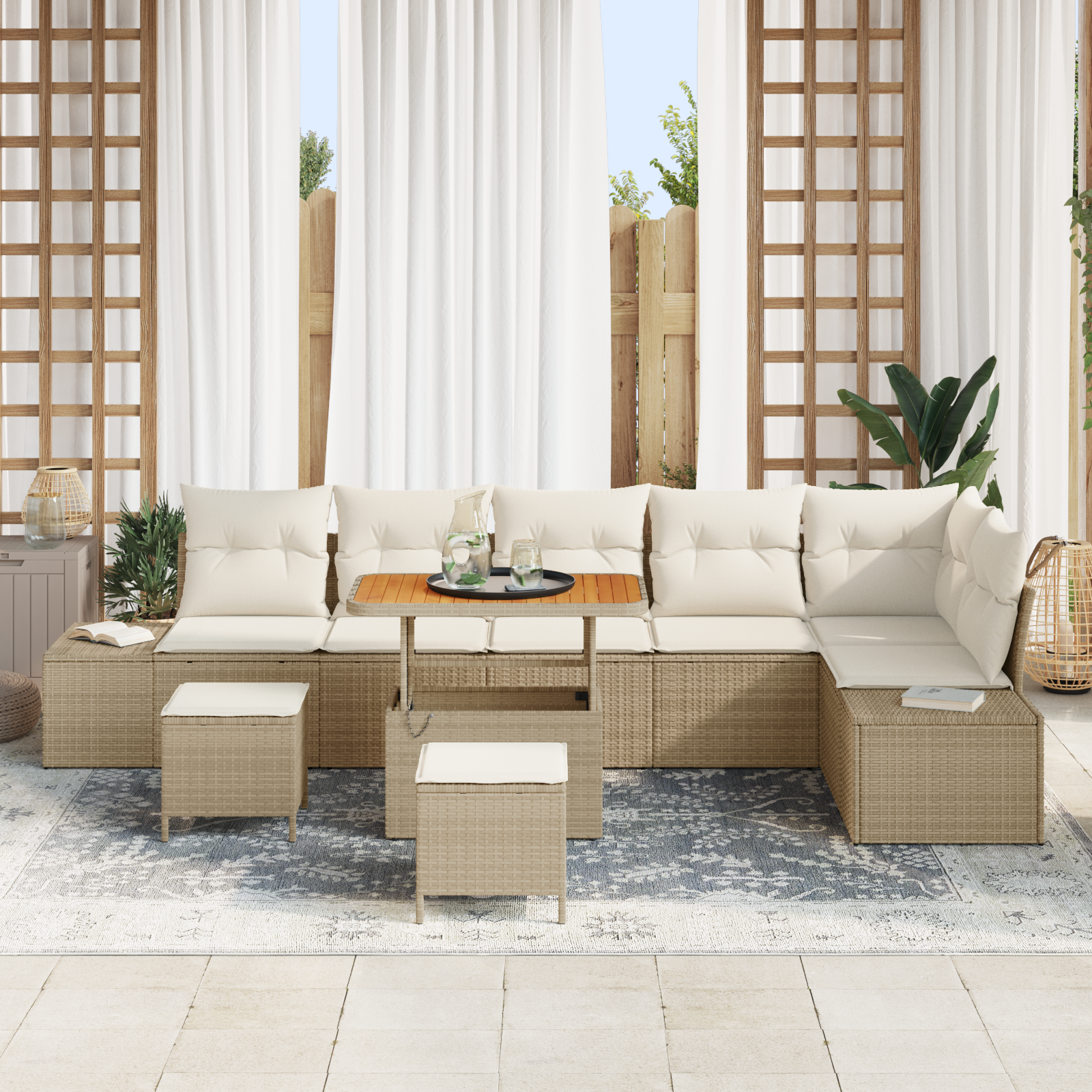 vidaXL 9-delige tuinsofa set met kussens in beige poly rattan en acacia