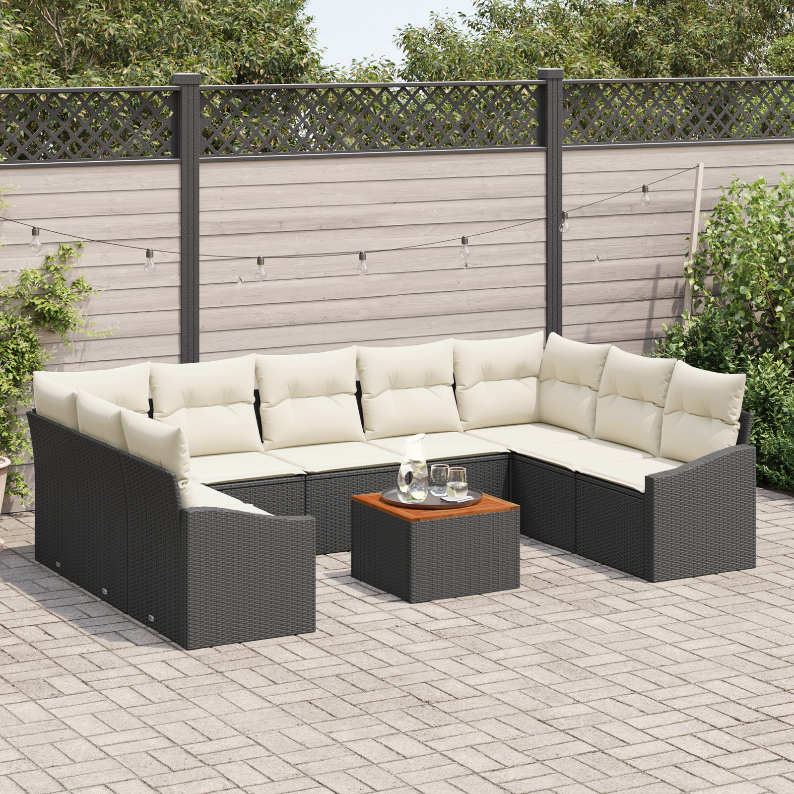 vidaXL 10-delige tuinset met kussens zwart poly riet acacia