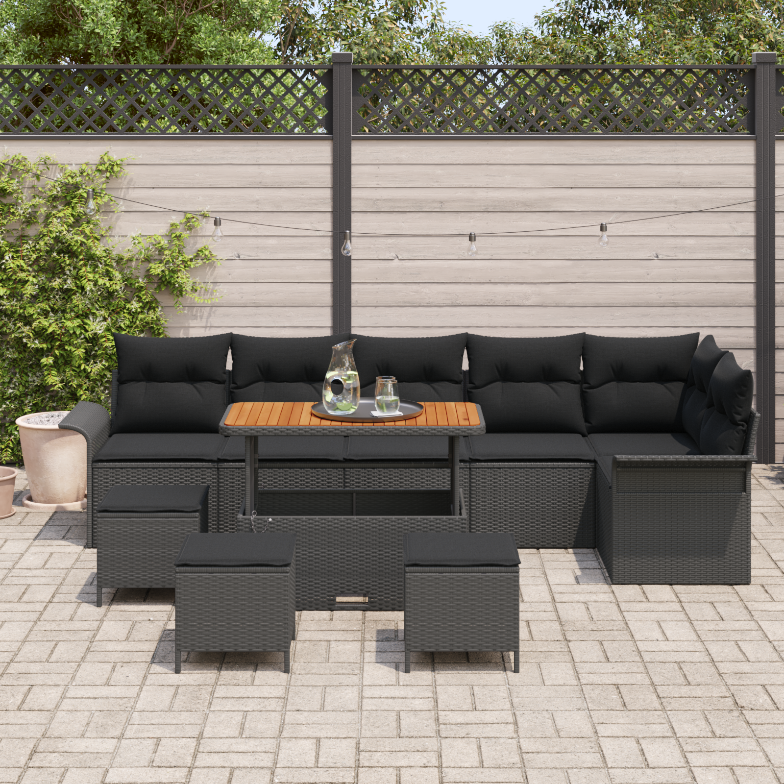 vidaXL 10-delige Tuinbankenset met kussens poly rattan acacia zwart