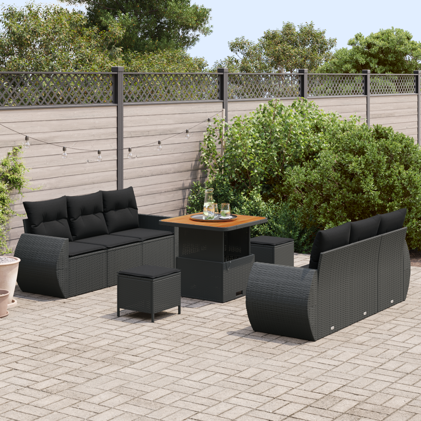 vidaXL 9-delige Tuinset met Kussens Zwart Poly Rattan Acacia
