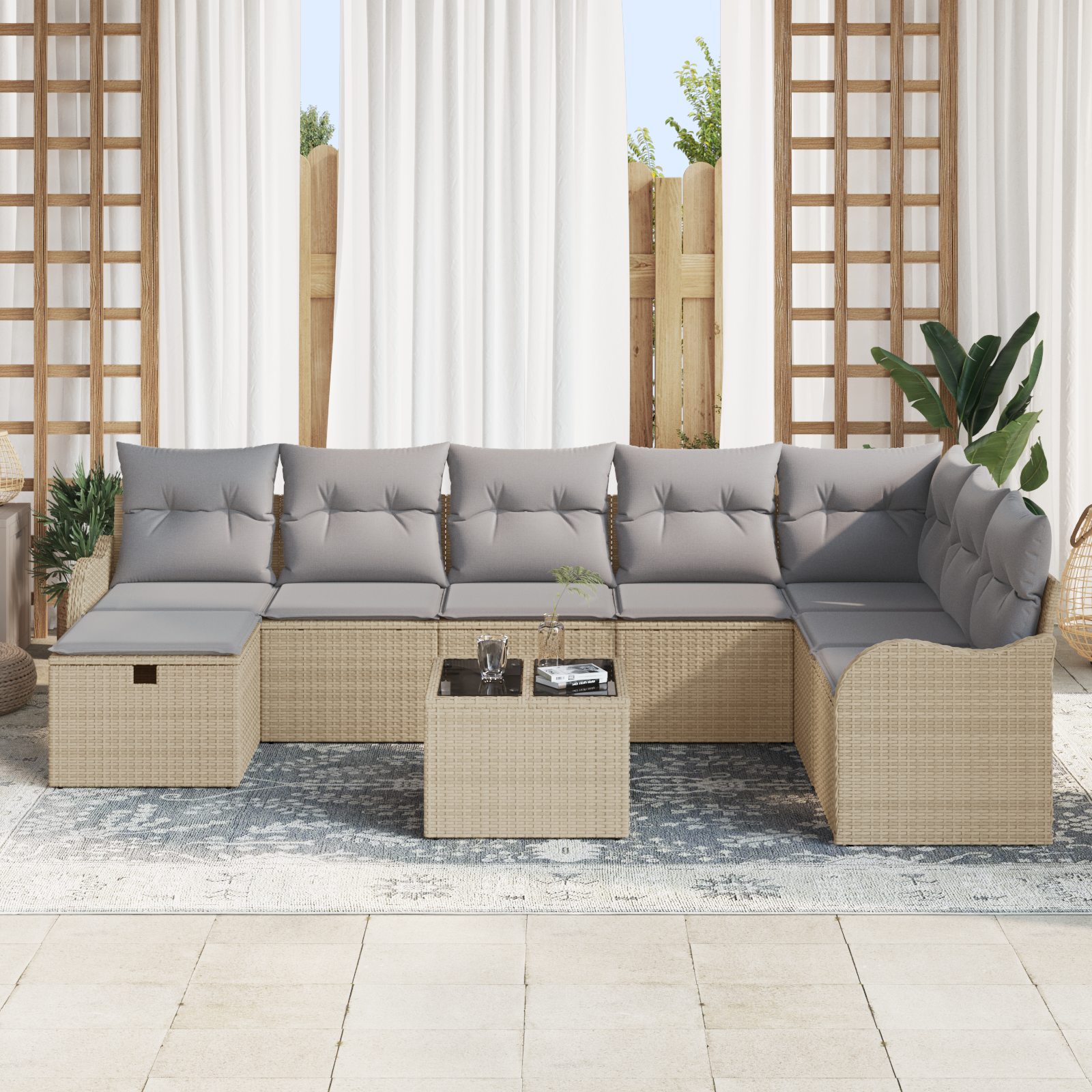 vidaXL 9-delige ligbed set met kussens beige poly rattan