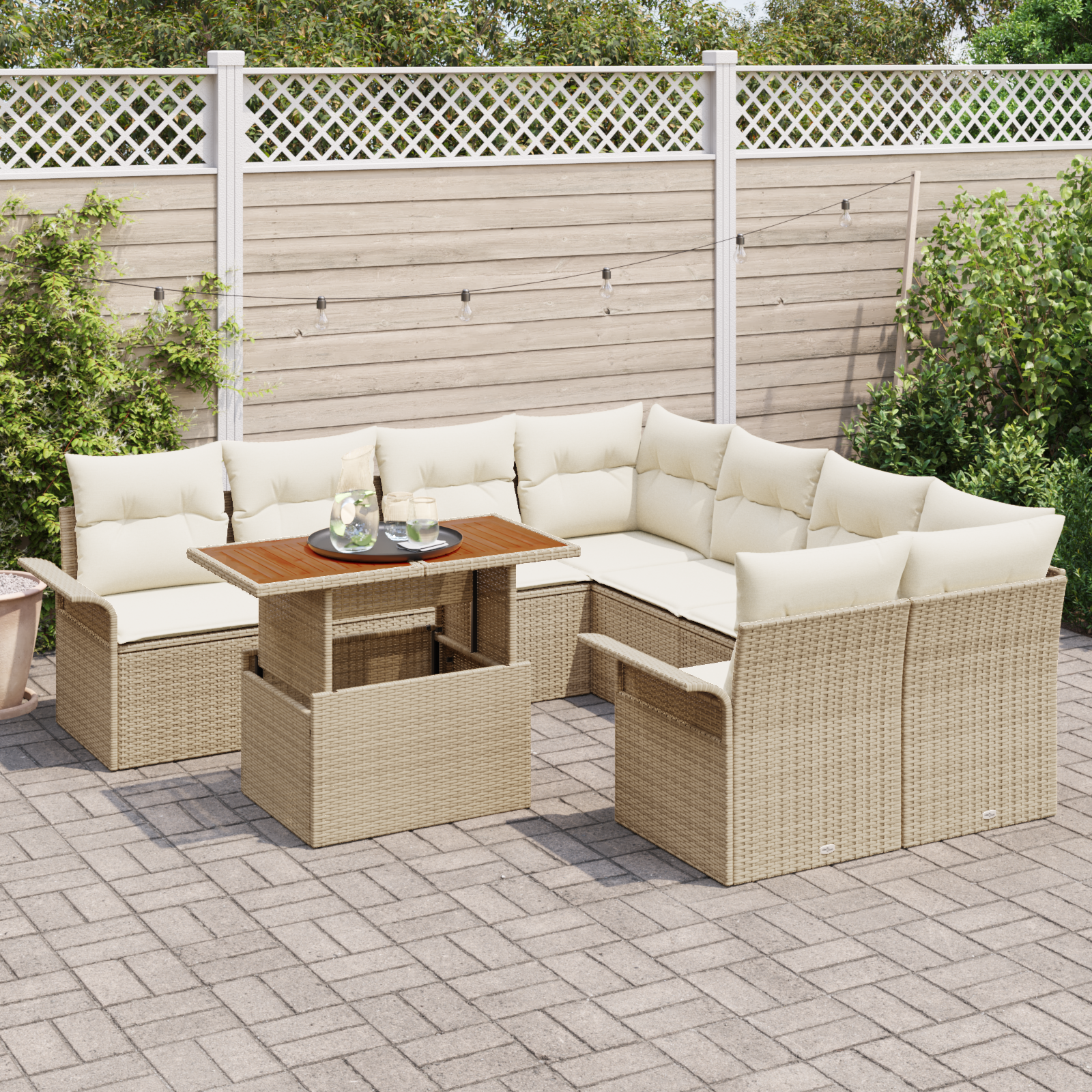 vidaXL 9-delige Tuinbankenset met kussens poly rattan acaciahout beige