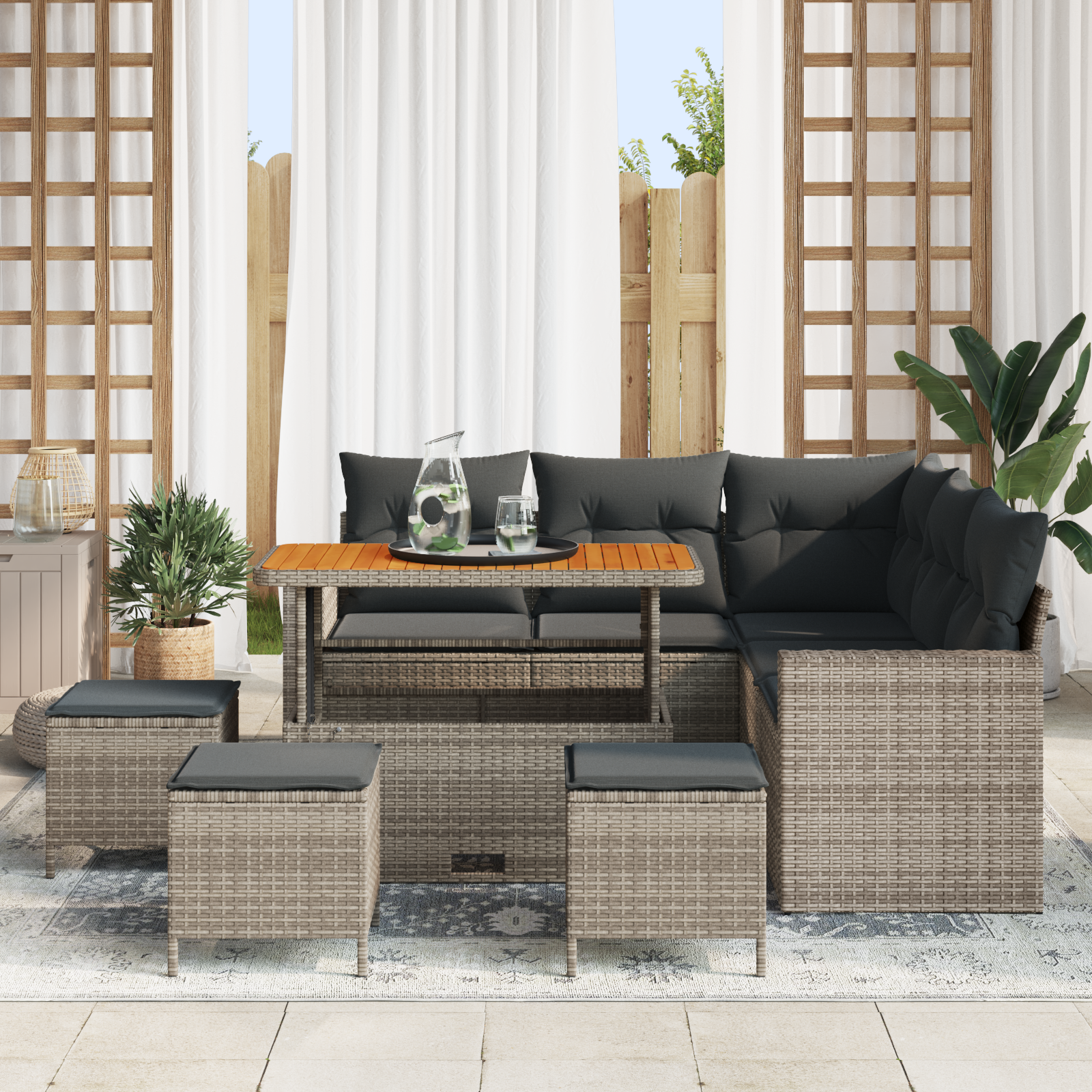 vidaXL 9-delige Tuinbankenset met kussens poly rattan acacia grijs