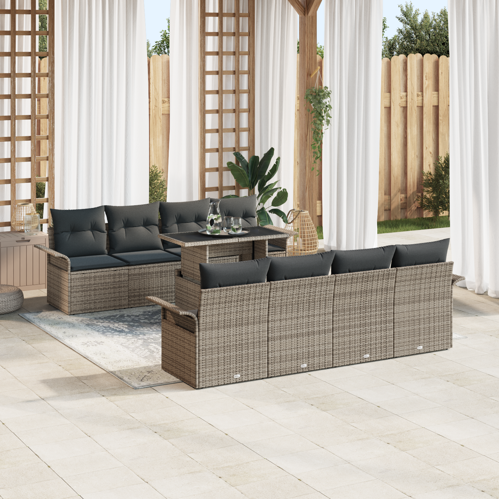 vidaXL 9-delige Tuinbankenset met kussens poly rattan grijs