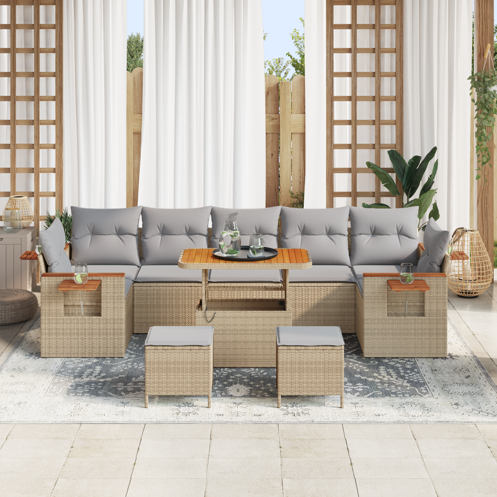 vidaXL 10-delige tuinset met kussens in beige poly rattan en acacia