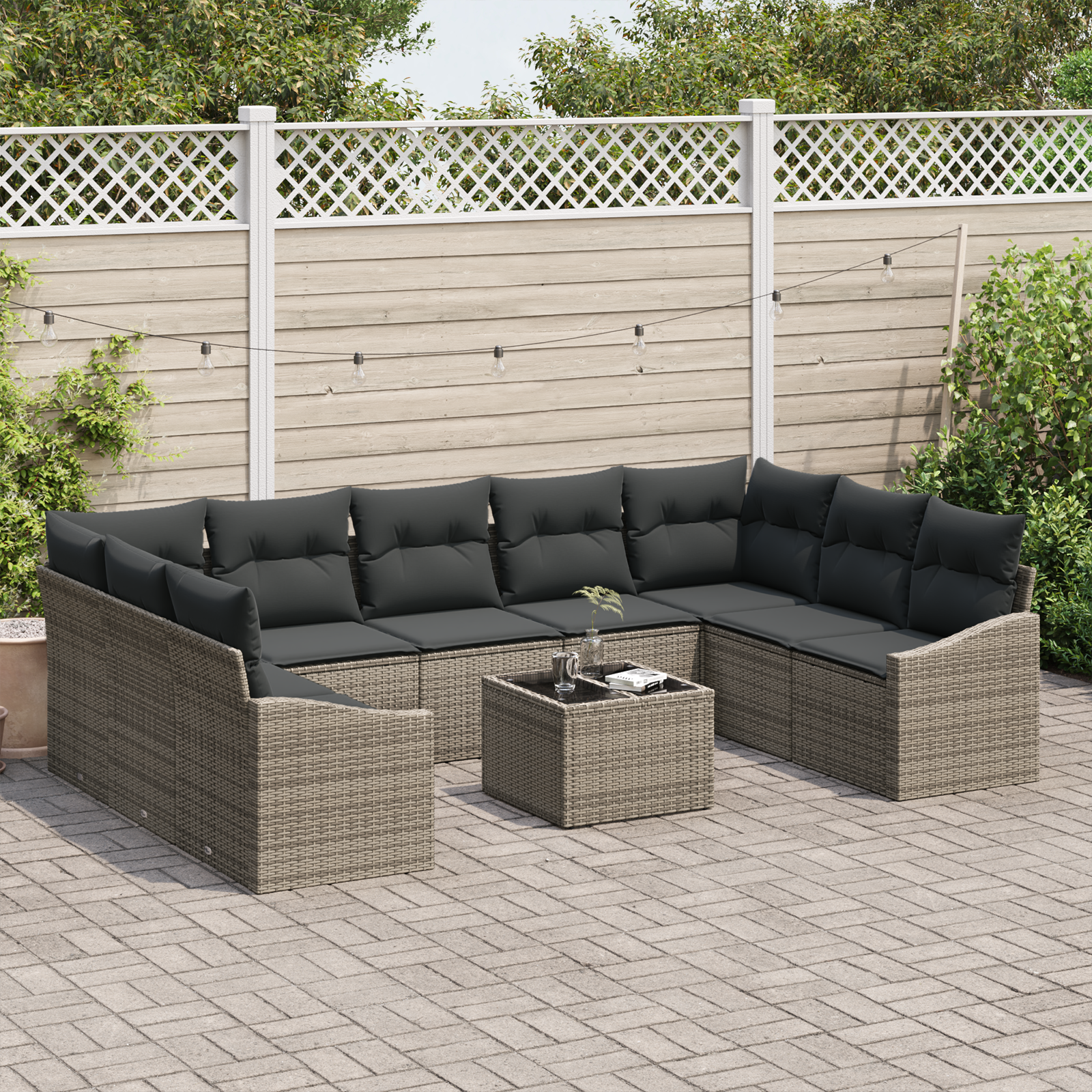 vidaXL 9-delige tuinset met kussens in zwart poly riet