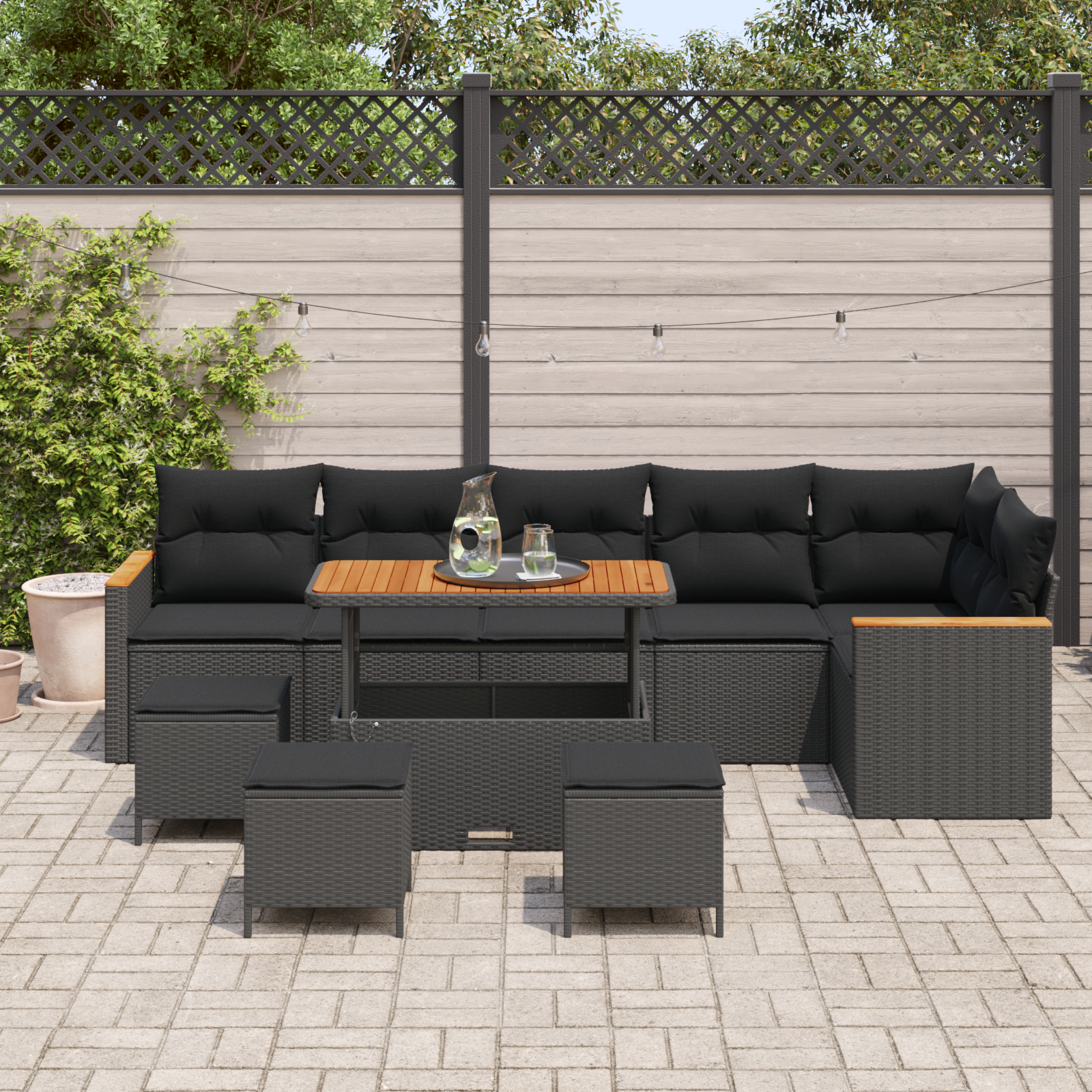 vidaXL 10-delige Tuinbankenset met kussens poly rattan acacia zwart