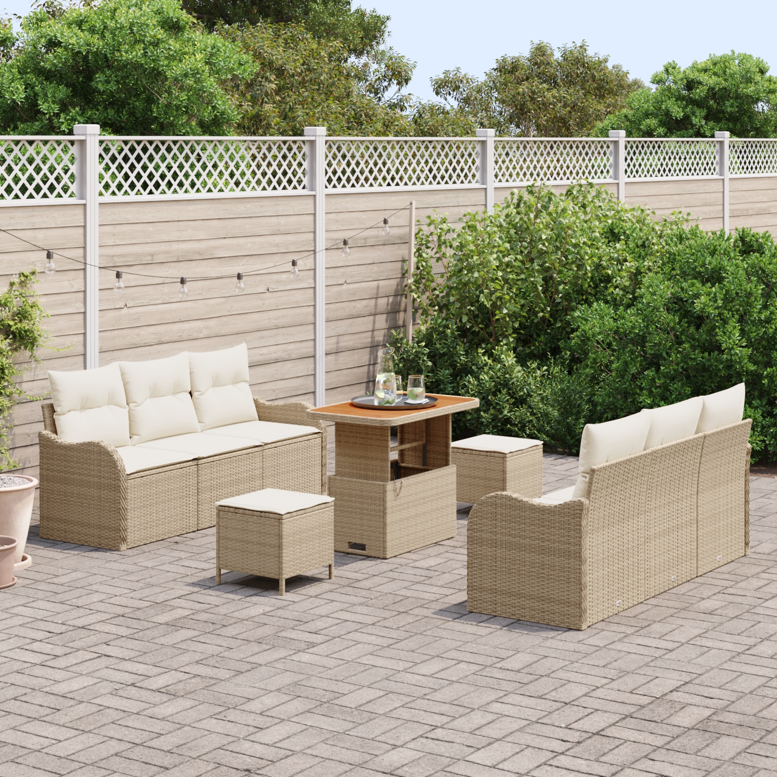 vidaXL 9-delige Tuinbankenset met kussens poly rattan acacia beige