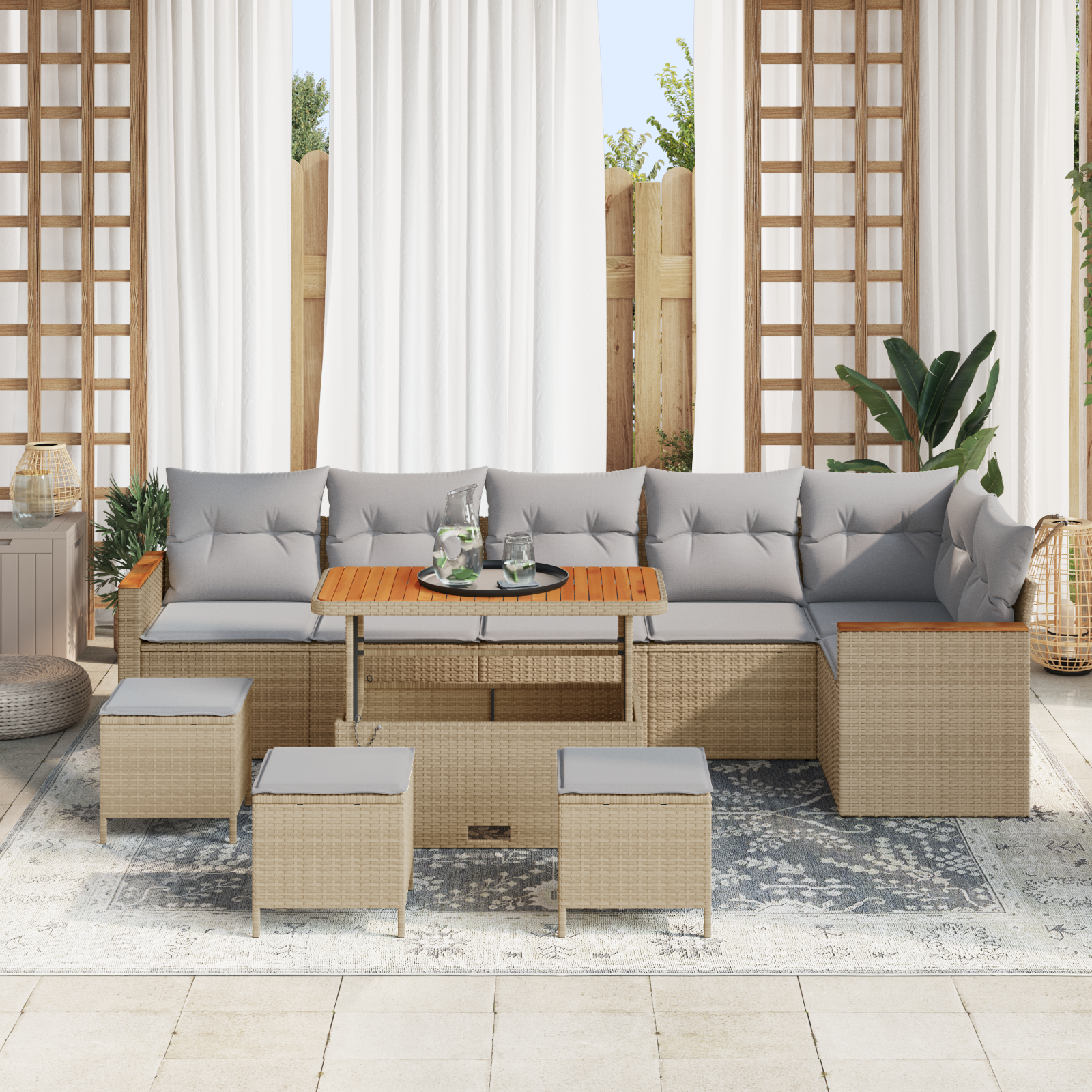 vidaXL 10-delige Tuinbankenset met kussens poly rattan acacia beige