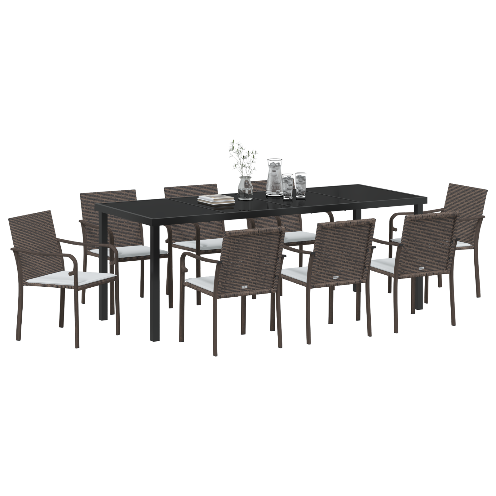 vidaXL Tuin Eettafel Set van 9 delige met Kussens - Bruin Poly Rattan
