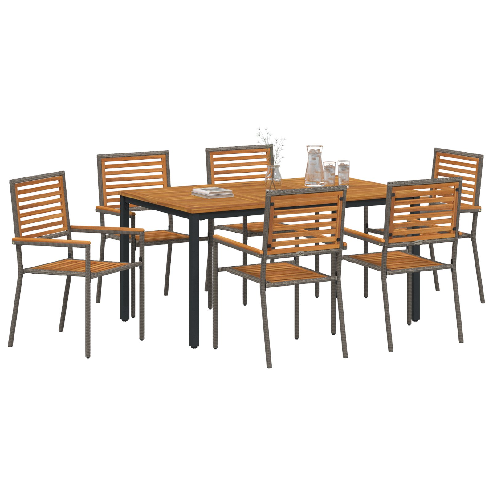 vidaXL 7-delige tuintafelset Grijs Poly Rattan Acacia