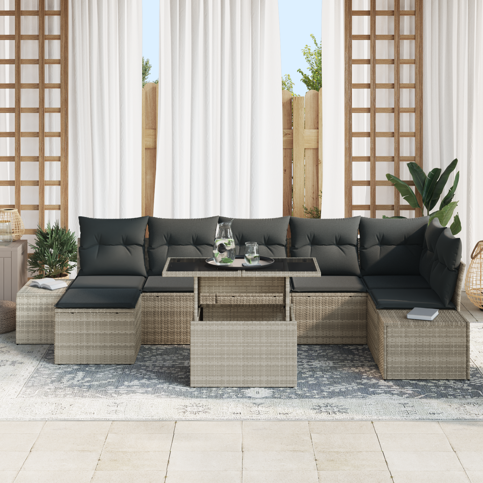 vidaXL 8-delige Tuinbankenset met kussens poly rattan lichtgrijs
