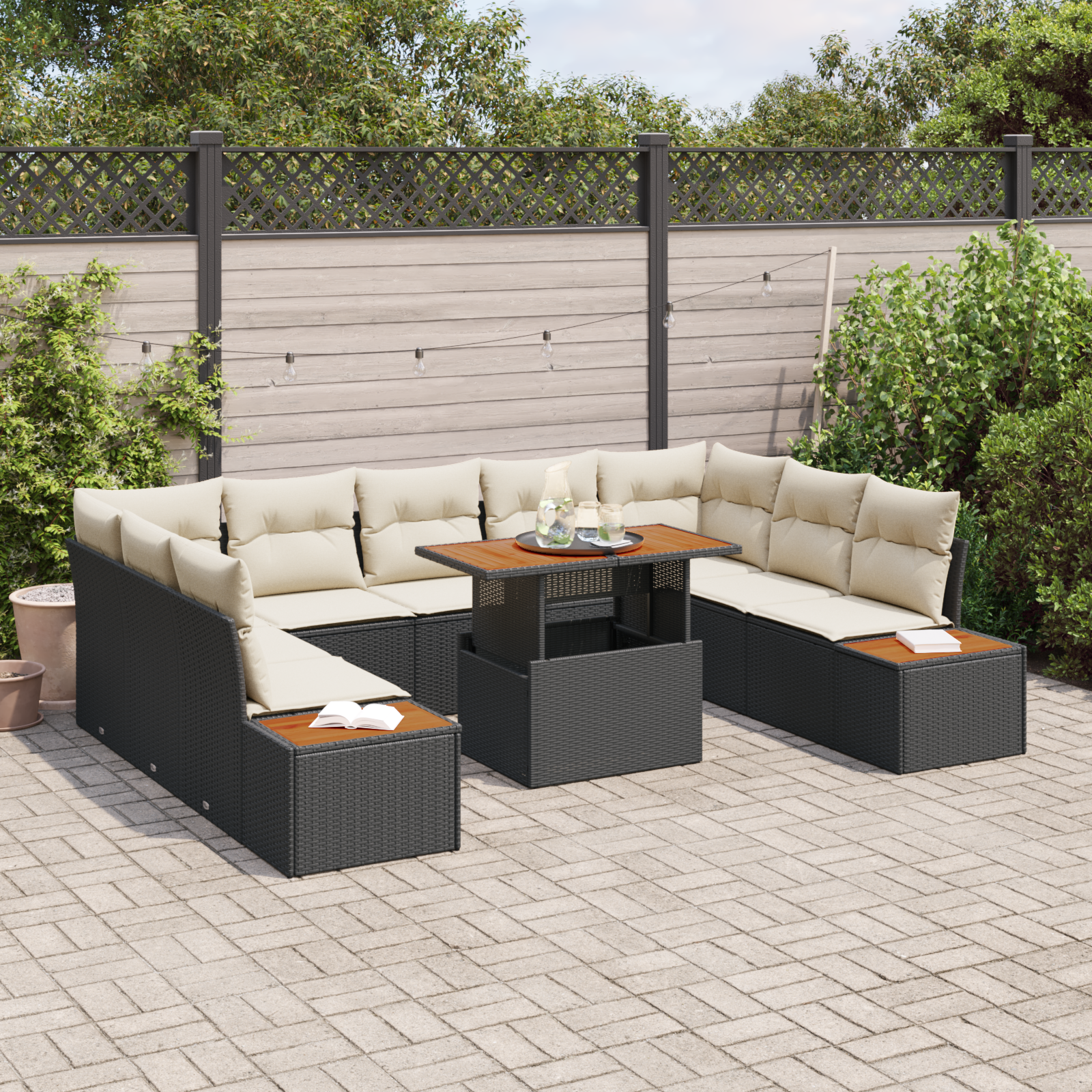 vidaXL 10-delige Tuinset met kussens poly rattan acaciahout zwart