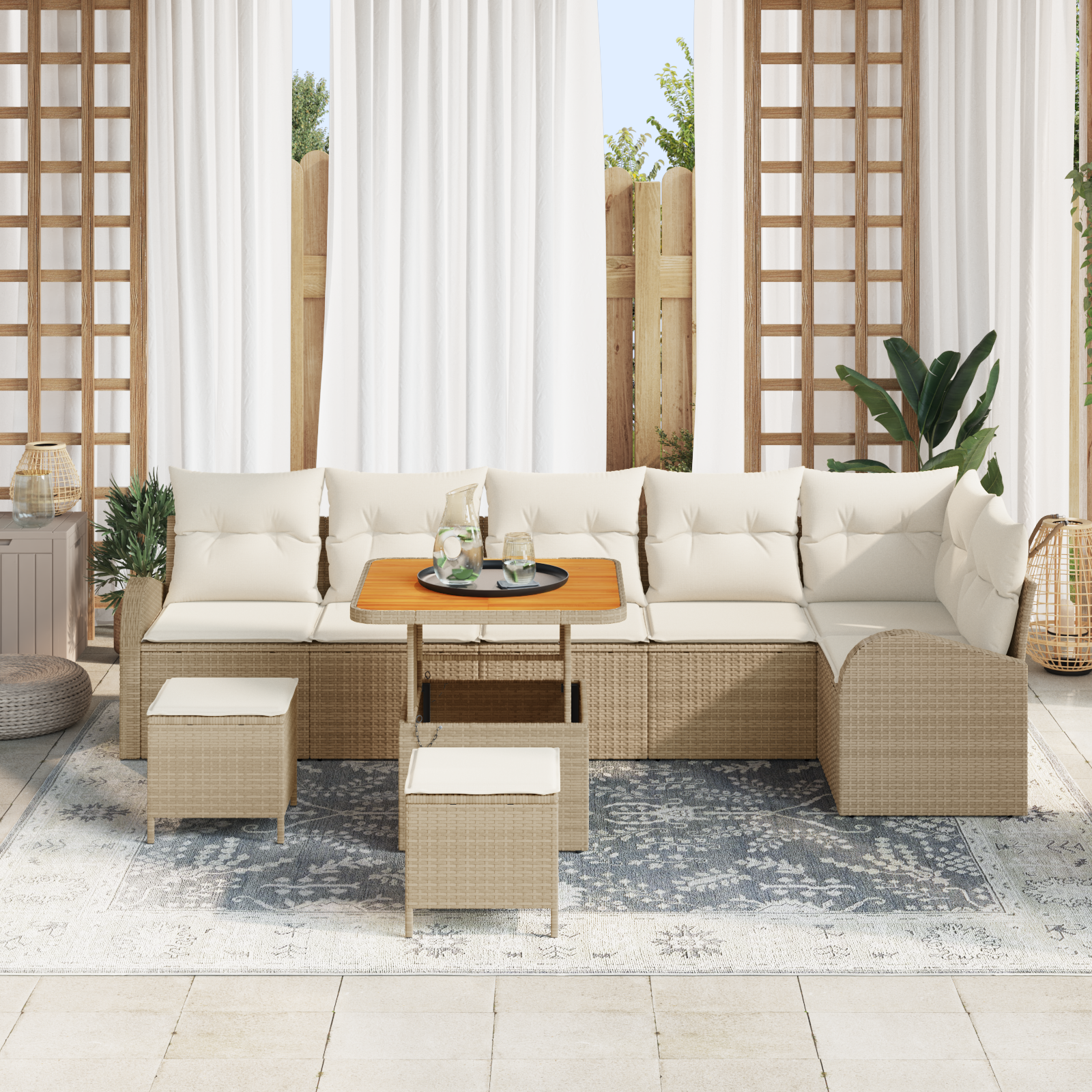 vidaXL 9-delige Tuinbankenset met kussens poly rattan acacia beige
