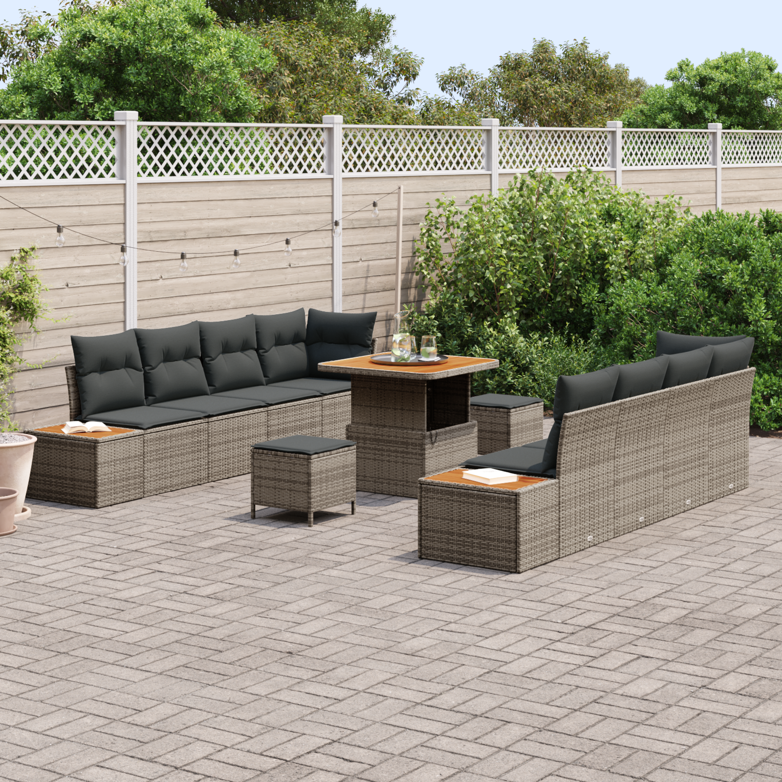 vidaXL 11-delige Tuinbankenset Met kussens poly rattan acacia grijs